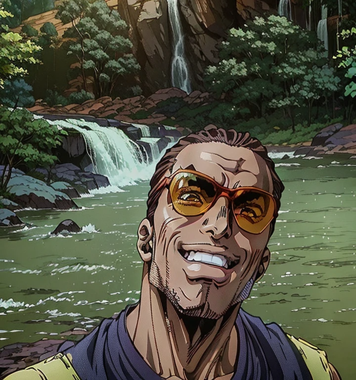 Dark-skinned man, short hair, one piece, oda, anime style,  in front of the waterfall, wearing sunglasses with orange lenses, smiling