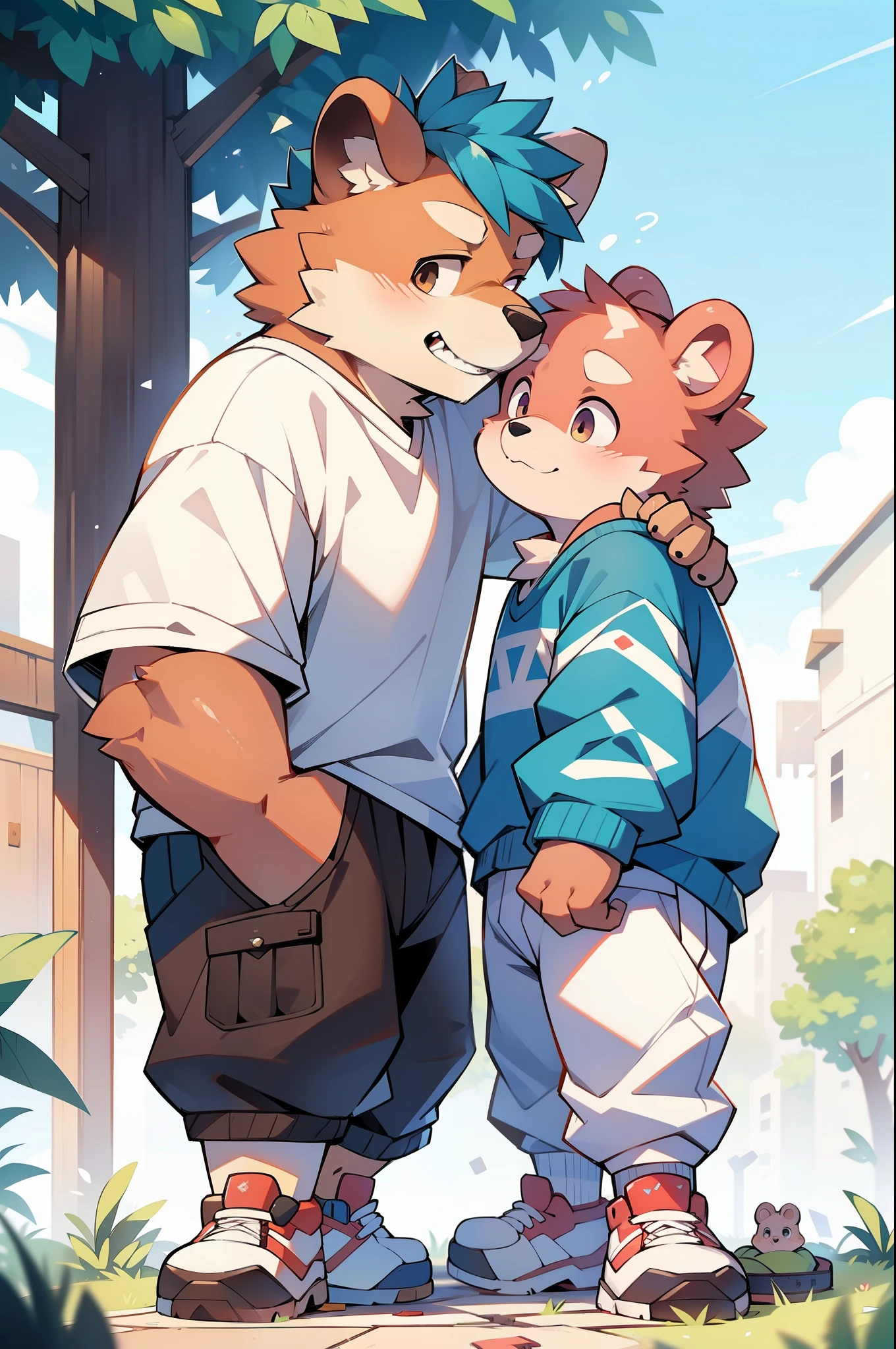 A bearin with blue hair,Wear a plaid shirt and white T-shirt,Brown cargo shortasketball shoes,Next to it a pink bear doll