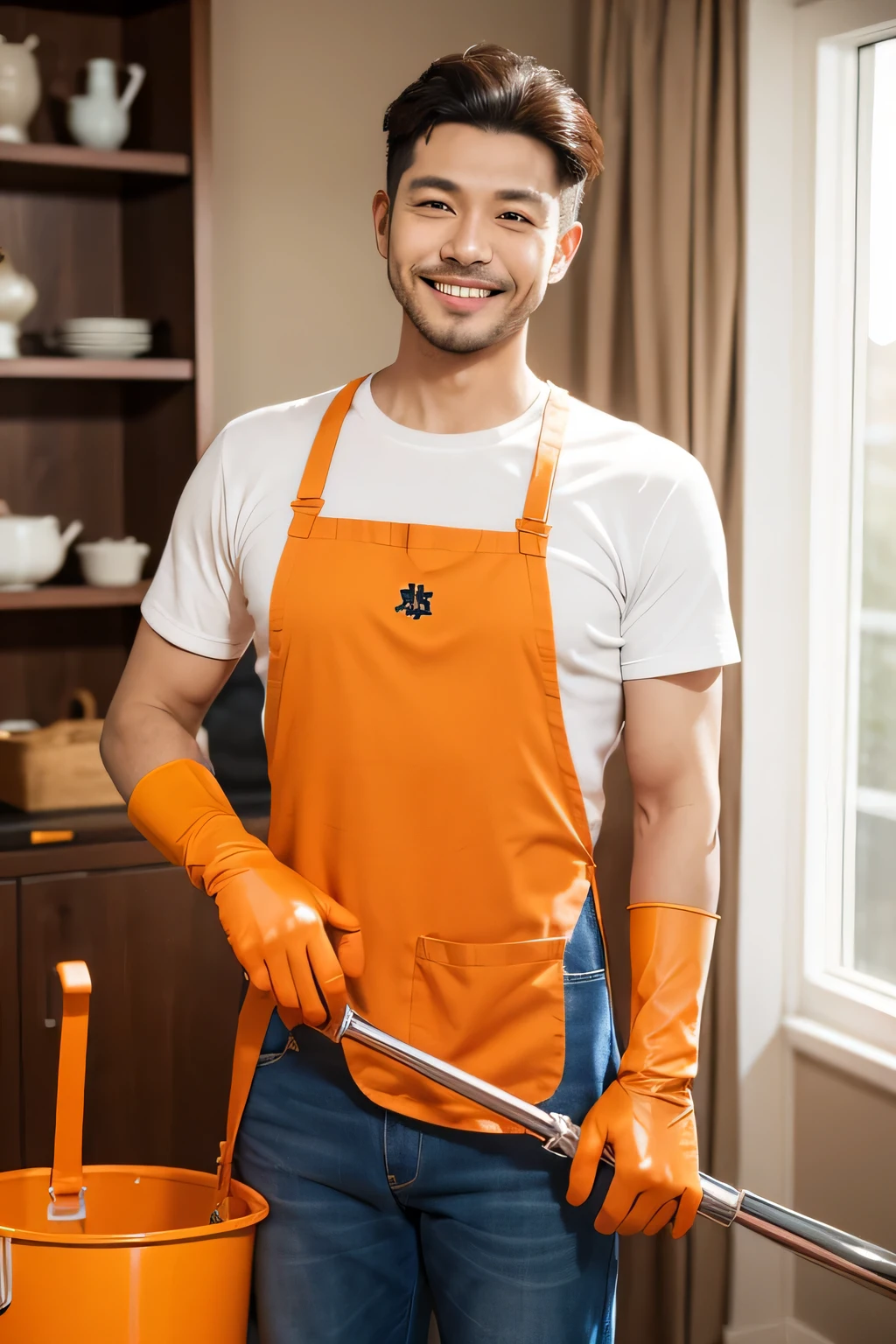 Male cleaner wearing orange apron,Folding clothes in the bedroom and smiling. Highly realistic. rubber glove、long gloves