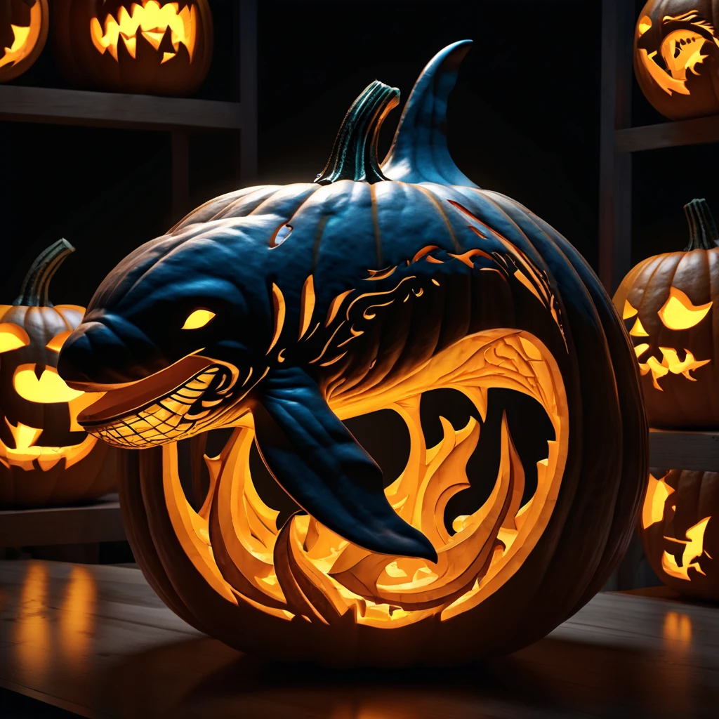 ultra detailed Pumpkin Carvings like a tiger, Shining suspiciously luminescence, BREAK high quality render, ultra realistic shadows, photoreal, 8k, photorealistic