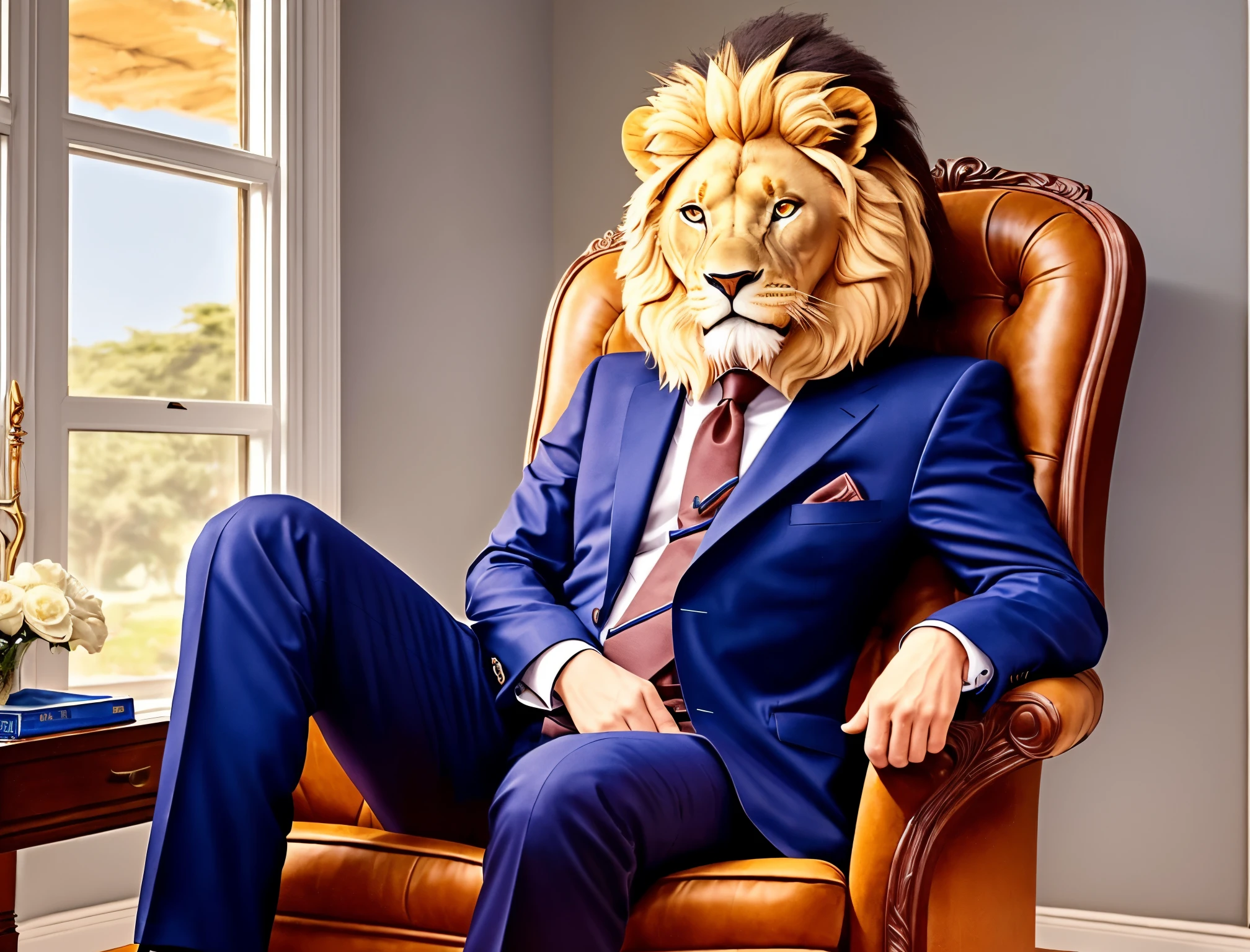 A lion head person in suit sitting in attitude on the chair, legs crossed --auto --s2