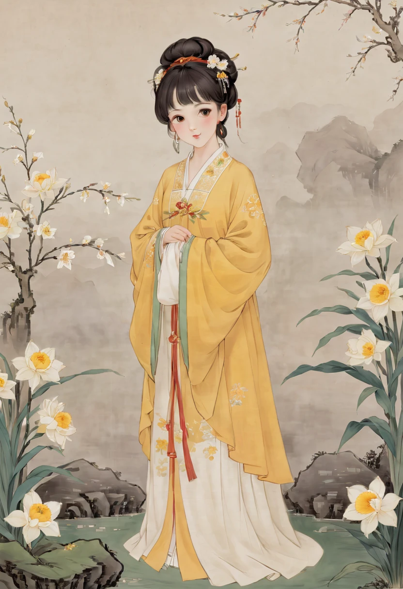 Daffodil personification，A girl with dark brown hair，Chinese Hanfu dress up，whole body，Standing in Hanfu，Cute comic book style，Exquisite facial features，Tang Dynasty bun，Wearing narcissus decoration on the head，Background with daffodils，Chinese rockery，There  a blank space in the screen background