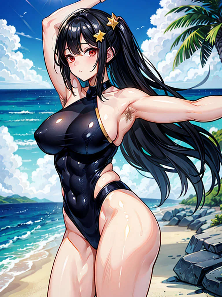 (((masterpiece、Highest image quality、highest quality、highly detailed unity 8kwallpaper)))、((Illustration of one girl))、(((beautiful girl)))、((black hair、Very Longhair、straight、golden hair ornament、red eyes))、(((sanpaku:1.4)))、(tall、stocky build:1.3, thickset physique:1.3, muscular legs, broad shoulders, solid chest,Armpit Hair:1.4、hairy armpits)、swimsuit、sandy beach