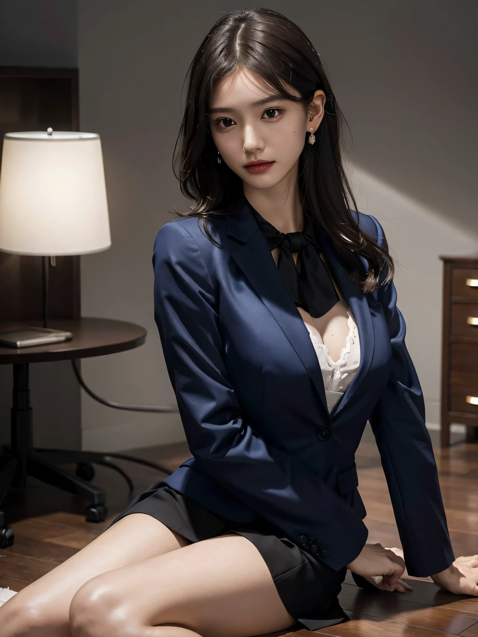 disorganized, RAW photo, very delicate and beautiful, masterpiece, highest quality, ultra high resolution, 16k, surreal, super detailed, perfect anatomy, super dense skin, perfect figure, Highly detailed CG 8k wallpaper, 20's, very slim body, tight waist, very small head, very small face, delicate features, tearful mole, mole on chest, earrings, thin legs, ((very huge round breasts)), ((full body shot)), short middle hair, wavy hair, ((office suit)), (blazer), (blouse), skirt,