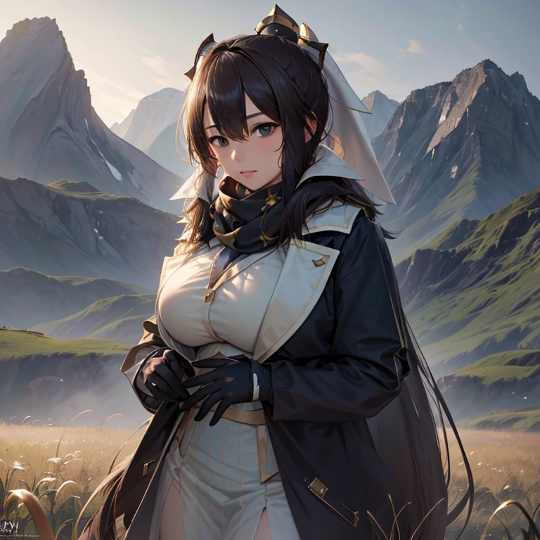 8k, best quality, masterpiece, realistic, ultra detail, photo realistic, Increase quality,
a photo of a girl standing in a field with a scarf, in the style of dark and brooding designer, voluminous mass, photobash, serene faces, jagged edges, navy, natural beauty, close-up shot