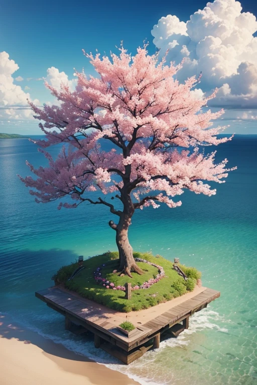 Wide view, island, peach tree with peach blossoms