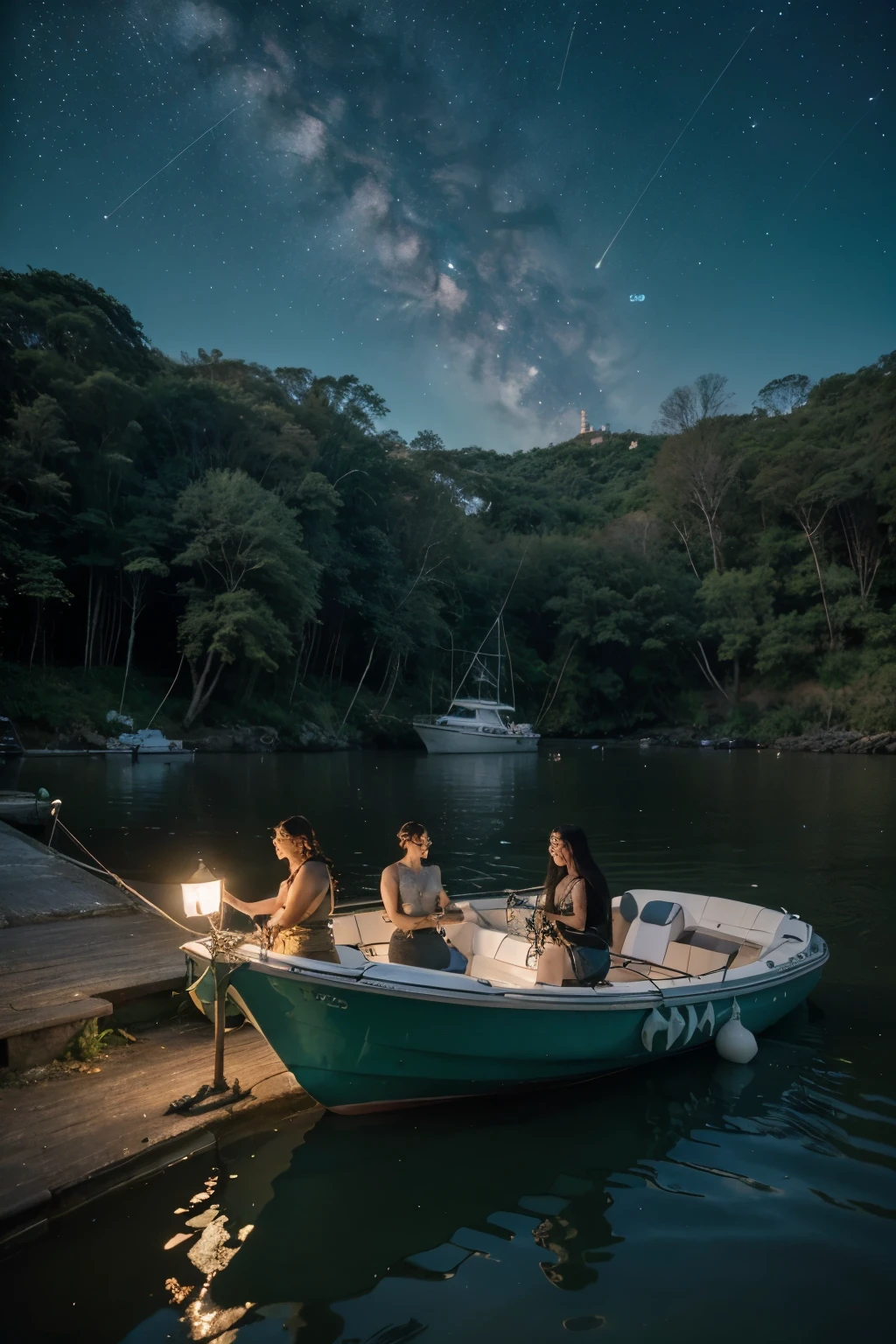 ((melhor qclear and large lagoon, in the background a very green forest, a boat in the water with people fishing, the night sky and stars.ualidade)), ((obra de arte)), (detalhado), rosto perfeito