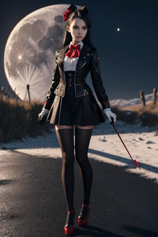 photo of edelgard_academy, hair ribbon, black jacket, black dress, ascot, red pantyhose, white gloves, high heels, walking on battlefield, moonligth, full moon, young, teen, (skinny), small , petite, 1 girl, (((3d, video game))),masterpiece, best quality, intricate details, 8k uhd, perfect face, perfect eyes