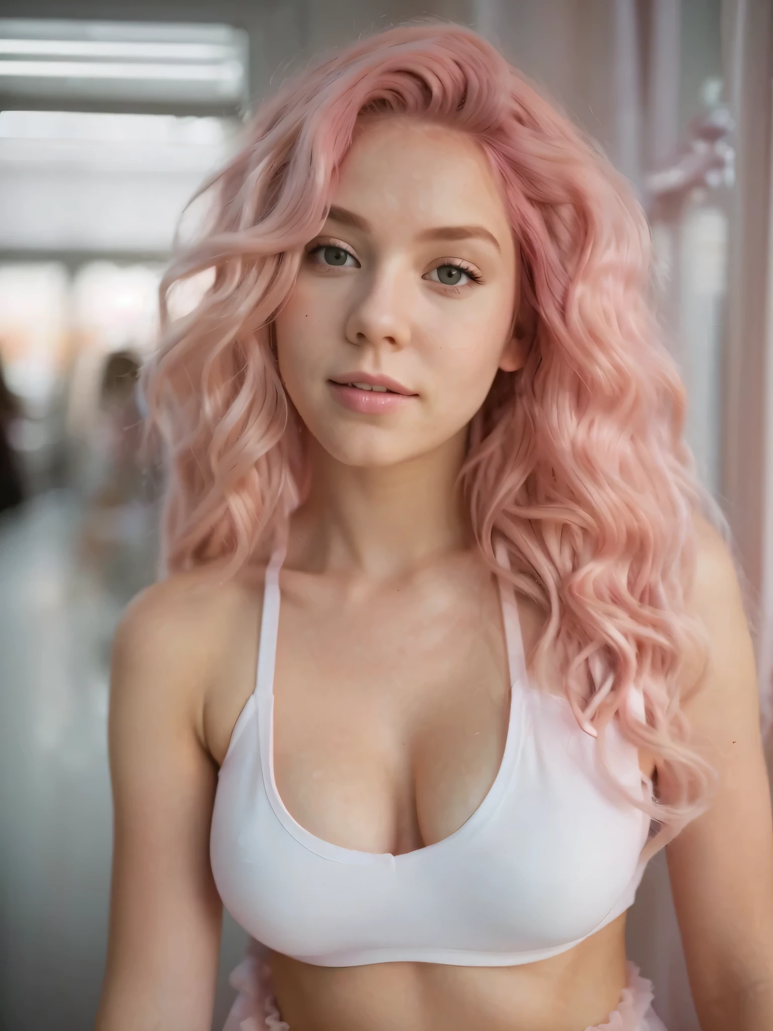 a woman with pink hair and a white bra top posing for a picture, curly pink hair, long flowing pink hair, flowing pink hair, light pink hair, pink wispy hair, huge curly pink hair, long hair with pastel colors, pink girl, long light pink hair, pink hair, with pink hair, long pink hair, tight gigantic pink curls