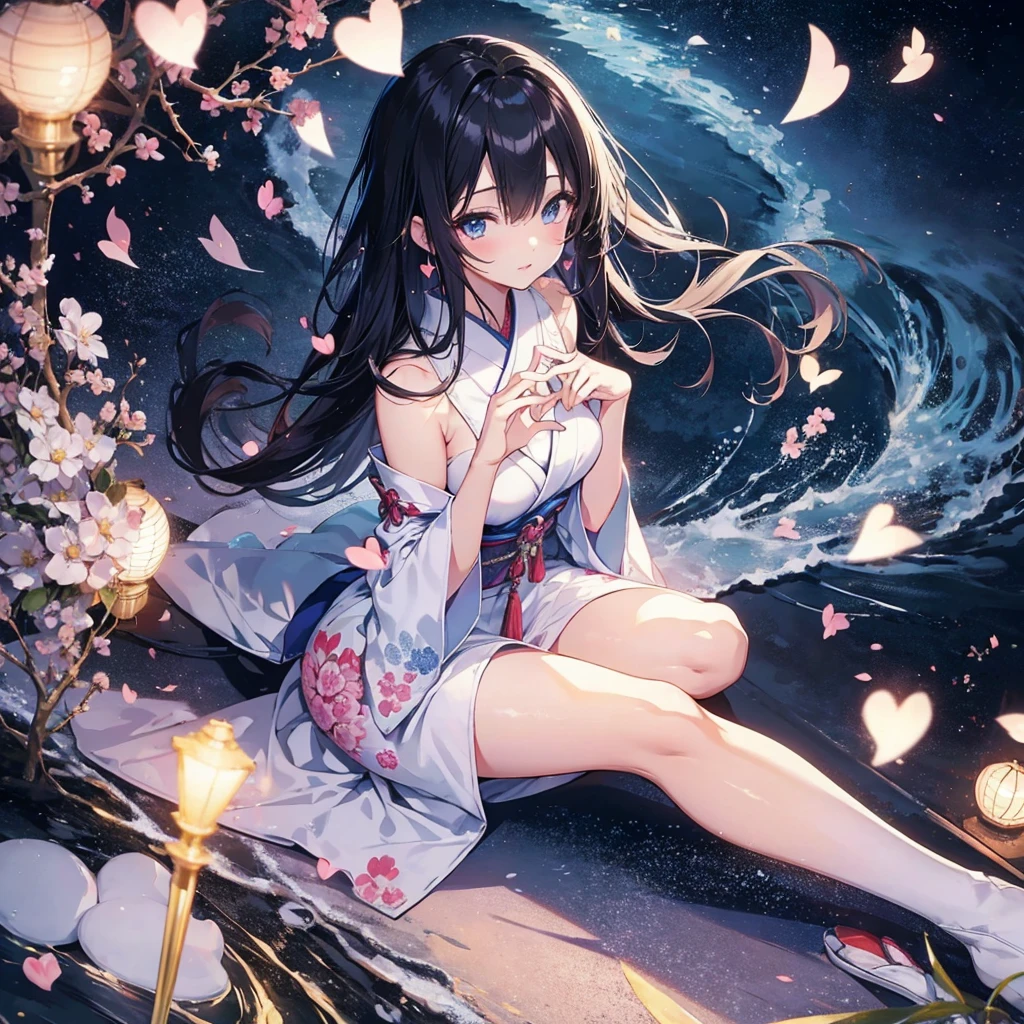 ((Japanese Anime Style)), Full Length, POV, ((Hand Heart)), 🫶, It's a very very pretty girl, a beauty of the world, somewhat innocent like an angel, very pretty makeup, nice dress, covered with sparkling light, lovely eyes with heart in them, clear skin, full and shiny lips, silky black hair
