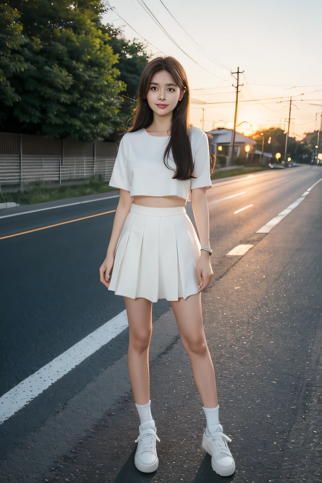 A long brown hair、round face、White crop top top、Cute girl wearing JK skirt standing on the roadside.。Smile without bangs under the sunset。Wearing a pair of canvas shoes on her feet