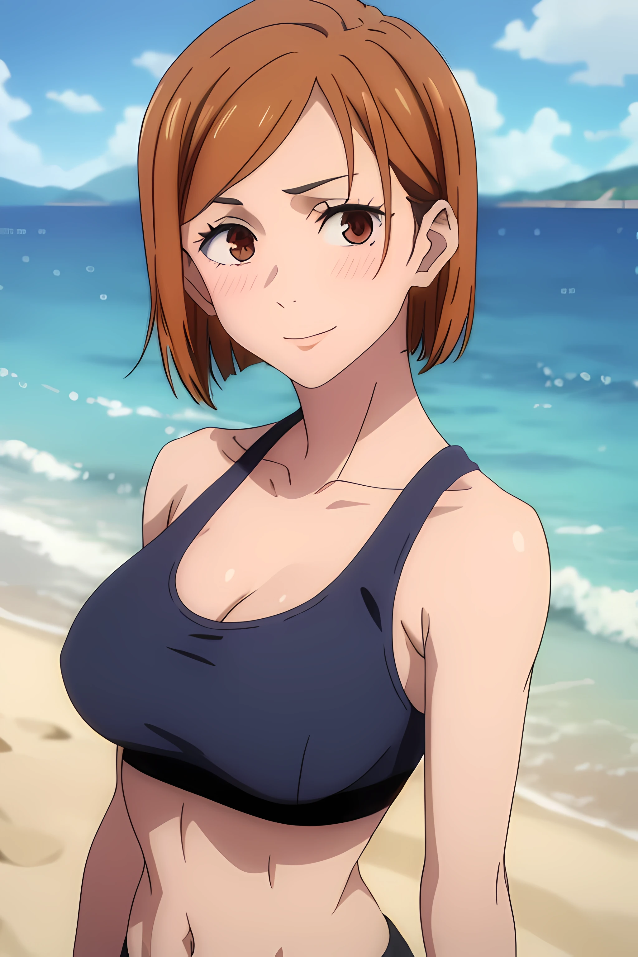 (masterpiece), (best quality), (ultra-detailed), (best illustration), (best shadow), (absurdres), nobarakugisakinova, short hair, orange hair, ((brown eyes)), kugisaki nobara, 1girl, solo, bangs, looking at viewer, upper body, ((blue sports bra)), cleavage, beach background, perfect body, ((perfect breasts)), Hourglass body, thin waist, very thin waist, large breasts, sexy, (skinny), ((blushing)), bare shoulders, bare collarbone, smile, bare neck