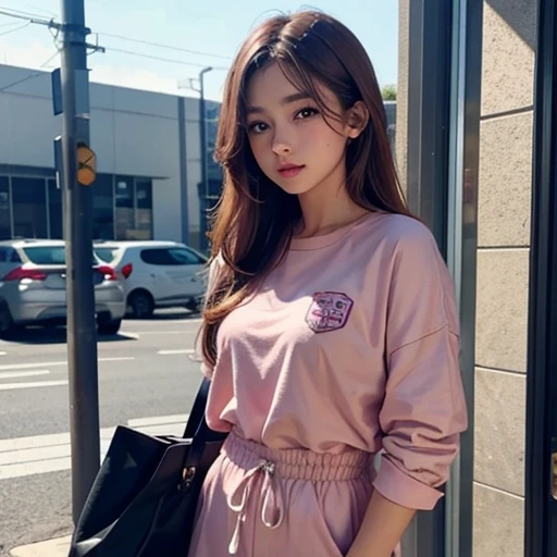 Cewek cantik pakai baju pink duduk dikursi dikafe nongkrong sendiri