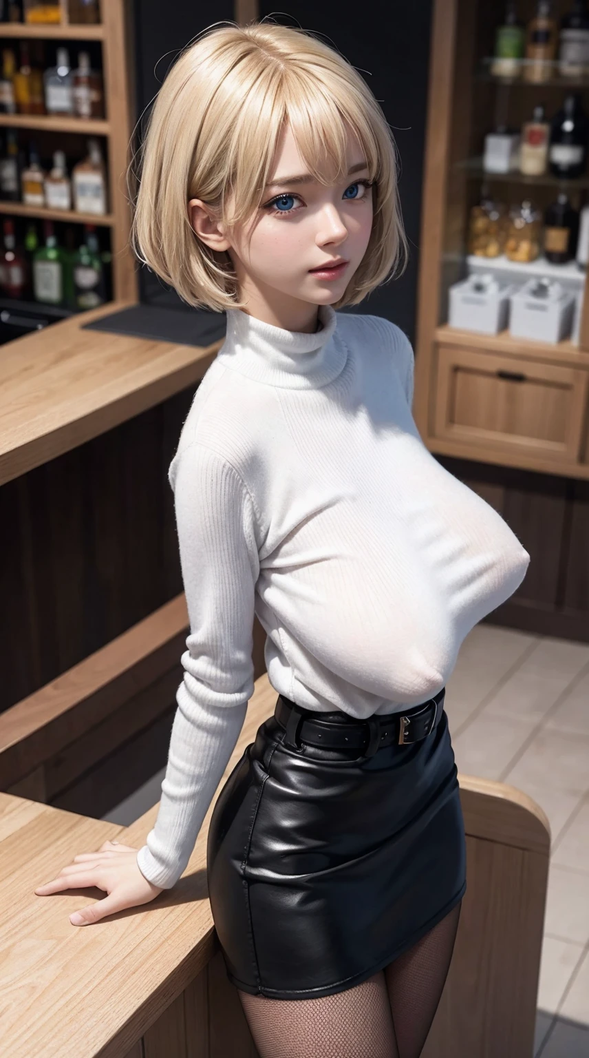 (Hyper-realistic), (a picture), (high resolution), (in 8K), (high detailed), (Best Illustration), (Beautiful detailed eyes), (Beautiful detailed face), (top-quality), (ultra-detailed), (masterpiece), (blonde hair), (short hair), (bangs:1.4), (blue eyes), (1girl), (Shiny skin), (standing), Cameltoe, (smile), (belted skirt:1.2), (black tight skirt:1.2), (white turtleneck sweater:1.2), (white sweater:1.2), (a bar counter, shop front:1.4), (blurry background), (sagging breasts:1.4), (gigantic breasts:1.6), (covered nipples:1.4), (from above:1.4), (fishnet pantyhose)
