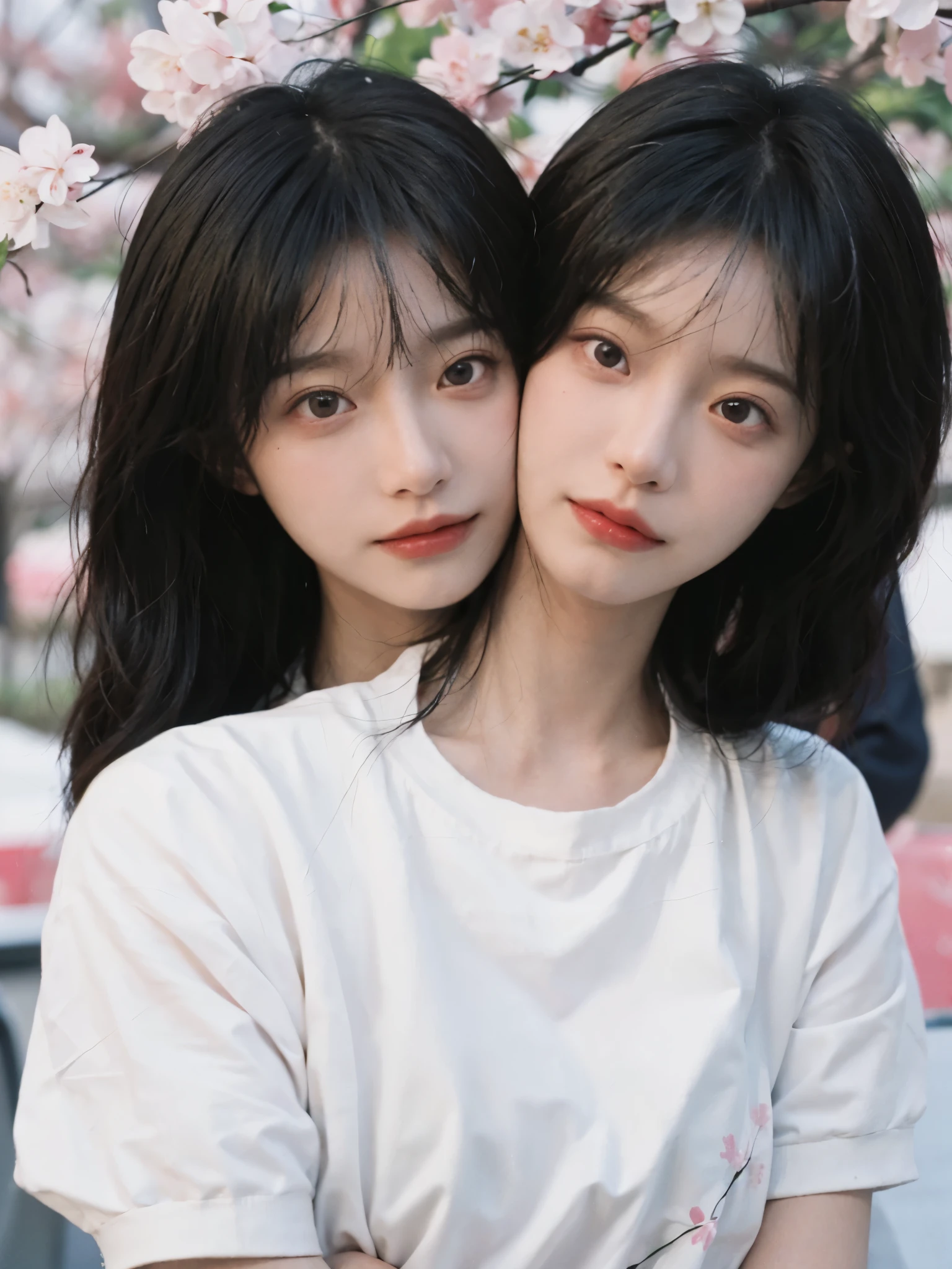 best quality, ultra high resolution, White background,(realistically:1.4), 2 girls, White short sleeves,Cherry blossom rain,A pair of eyes as clear as snow,Royal sister,looking at the audience, close up ,