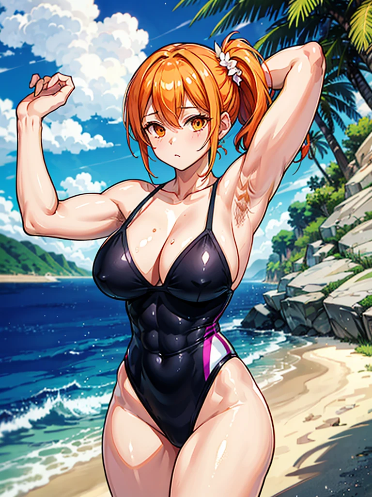 (((masterpiece、Highest image quality、highest quality、highly detailed unity 8kwallpaper)))、((Illustration of one girl))、(((beautiful girl)))、((orange hair、side ponytail、sidelocks:1.4、orange eyes))、((stocky build, thickset physique:1.3, muscular legs, broad shoulders, solid chest:1.3, Armpit Hair:1.4、hairy armpits:1.4)))、swimsuit、sandy beach