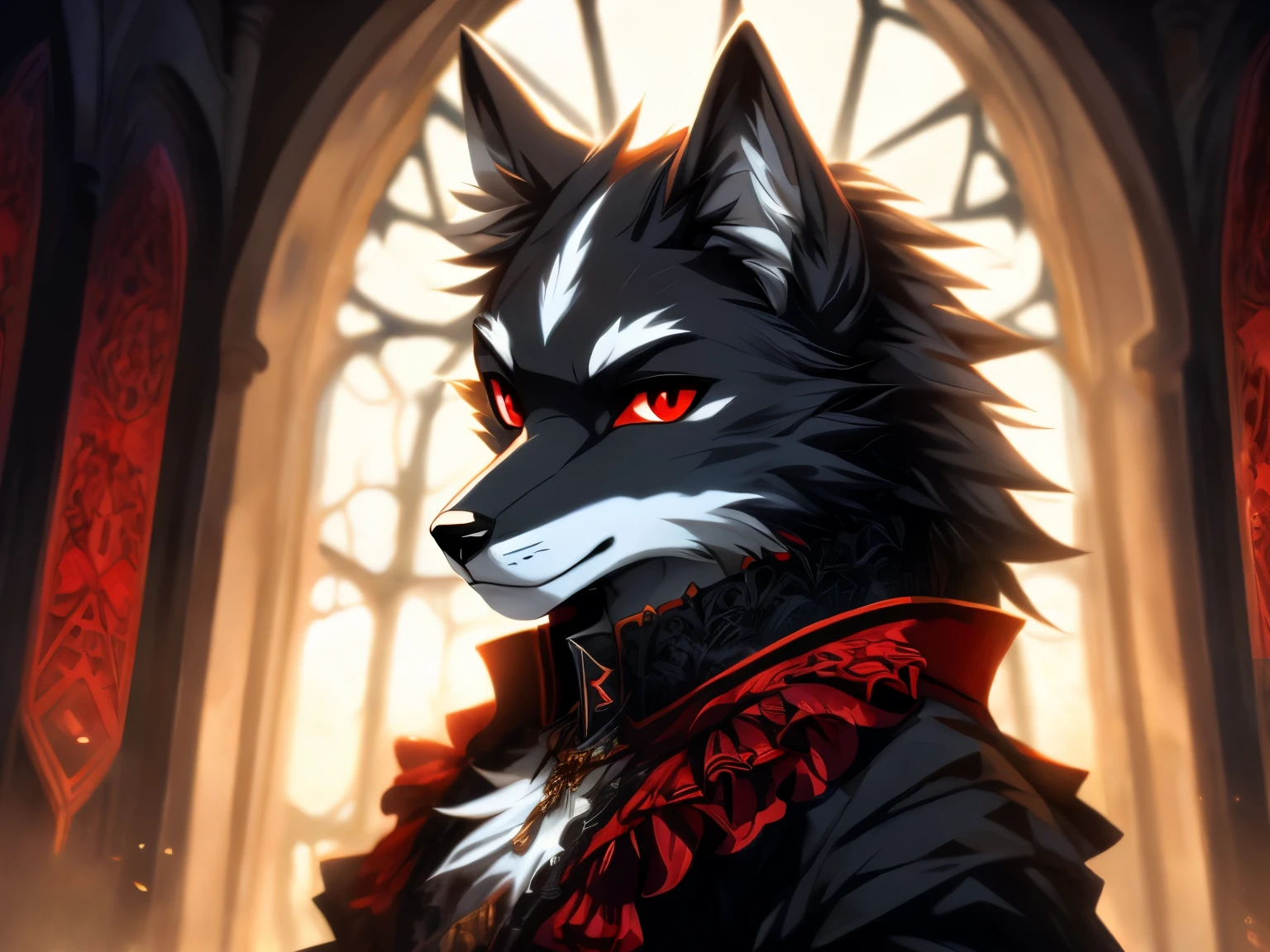 (best quality, masterpiece:1.2), wolf, black fur, wolf cut, red eyes, gothic clothes, black clothes, gothic castle bedroom, cool, calm, highres, frilly clothes, vibrant colors, looking at camera, anime style, bust shot, male, lean