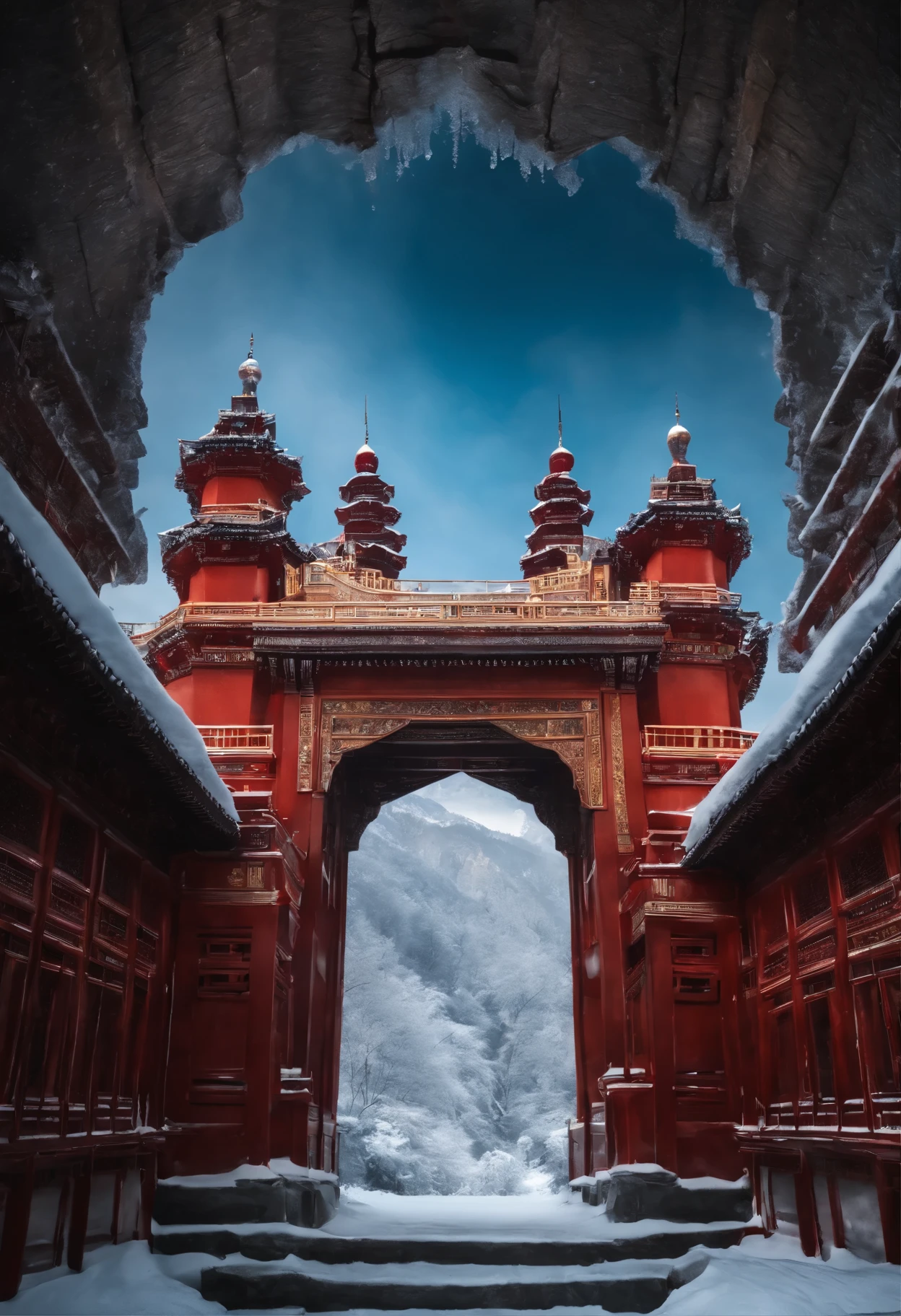 Ice crystal structure, China, Armageddon, Castle city afterimage, whole body, China建筑屋内透着暖光, high resolution, (8k, original photo, best quality, masterpiece: 1.2), (Reality, Reality: 1.37),The red crystal five-star knife of Interlude Mountain--s3 --auto