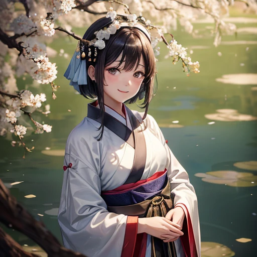 shukezouma, negative space, , shuimobysim , portrait of a woman standing , willow branches, (masterpiece, best quality:1.2), traditional chinese ink painting, modelshoot style, peaceful, (smile), looking at viewer, wearing long hanfu, hanfu, song, willow tree in background, wuchangshuo,