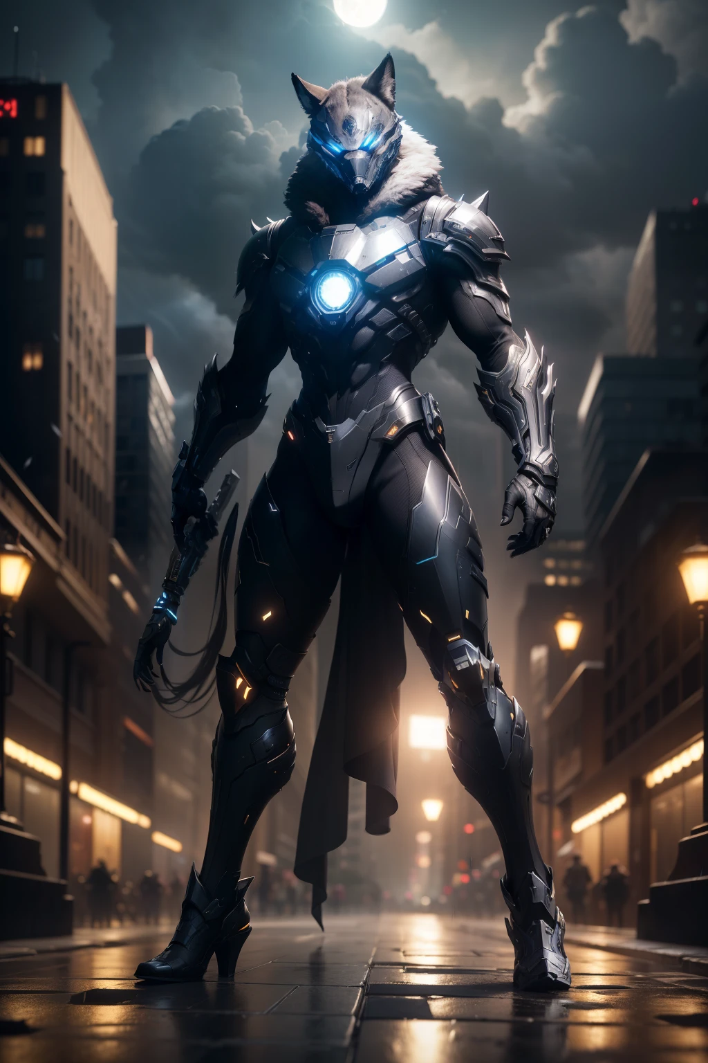 Wolf, beast, WARFRAME, intricate pattern, heavy metal, energy lines, faceless, glowing eyes, elegant, intense, blue and black uniform, solo, modern, city, streets, dark clouds, thunderstorm, heavy rain, dramatic lightinasterpiece:1.2), best quality, high resolution, beautiful detailed, extremely detailed, perfect lighting,(full body, (dynamic pose), action pose), (rim lighting, studio lighting, distant moon light, night, bloom), (cinematic, best quality, masterpiece, ultra HD textures, highly detailed, hyper realistic, intricate detail, 8k, photorealistic, concept art, matte painting, autodesk maya, vray render, ray tracing, hdr), (dslr, full frame, 16mm focal length, f/8 aperture, dynamic perspective, dynamic angle, golden ratio, wide photography, wide field of view, deep depth of field, zoom out) techwear, urbansamurai 3d, realistic cyborg in a cyberhelmet head