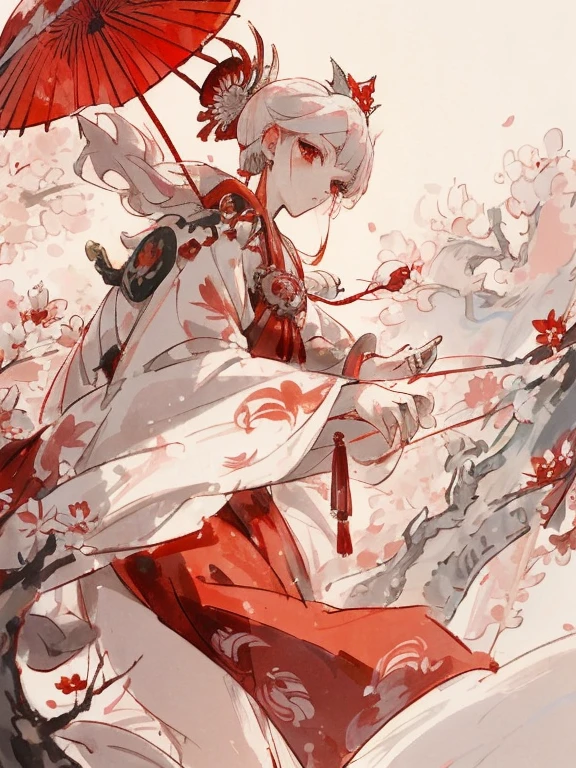 Red cloak red umbrella anime girl, White-haired God, by Shitao, palace ， A girl wearing Hanfu, Inspired by Ma Yuanyu, Onmyoji detailed art, Inspired by Li Meihu, ((beautiful fantasy queen)), There are frozen flowers around her, Onmyoji, Inspired by Lan Ying, dragon