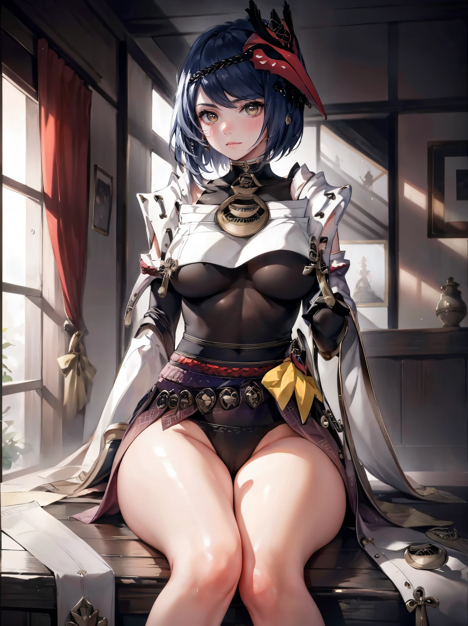 Kujou Sara |genshin impact,ULZZANG-6500-V1.1, (Raw Photos:1.2), (Photorealistic:1.4), Beautiful Detailed Girl, Very Detailed Eyes and Face, Beautiful Detailed Eyes, Ridiculous, Incredibly Ridiculous, Huge File Size, Ultra Detailed, High Definition, Very Detailed, Top Quality, Masterpiece, Kemomimi, Illustration, Very Detailed, CG, unification, 8k wallpaper, fantastic, fine detail, masterpiece, best quality, highly detailed cg uniform 8k wallpaper, light on face, movie lighting, 25 year old girl, (without panties)), ((dynamic pose))), (camel toe), (half), (pantyhose), (sitting legs bending knees))
