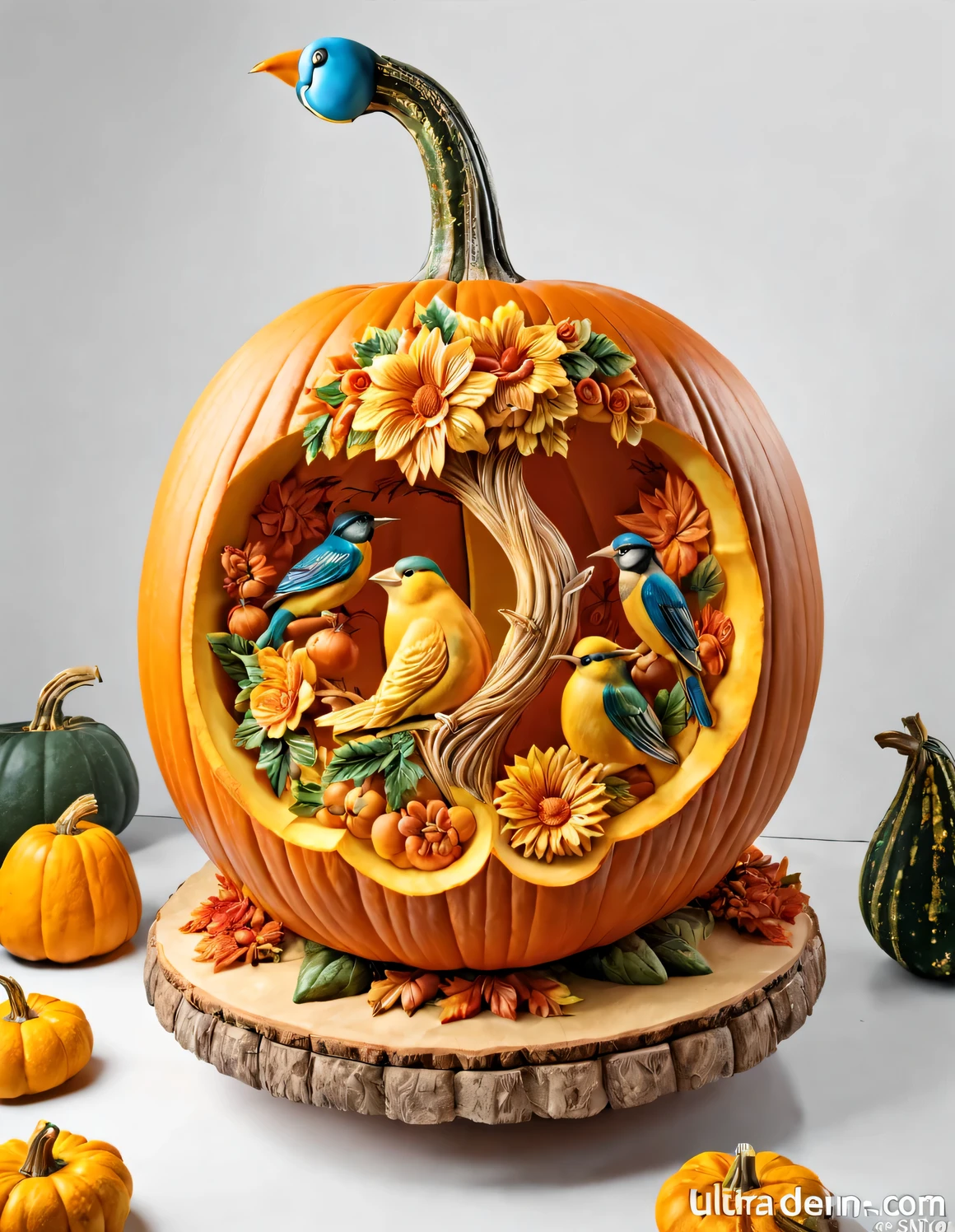 (Carving flowers and birds inside a large semolidified pumpkin: 1.1), Very fine details, 16k, console, Fruit carving, food engraving, 3D sculpting, food sculpture design, turn around, Python, depth of field, ultra high definition, masterpiece, accurate, Ultra-detailed, high detail, high quality, Award-winning, best quality, 16k, soft light,