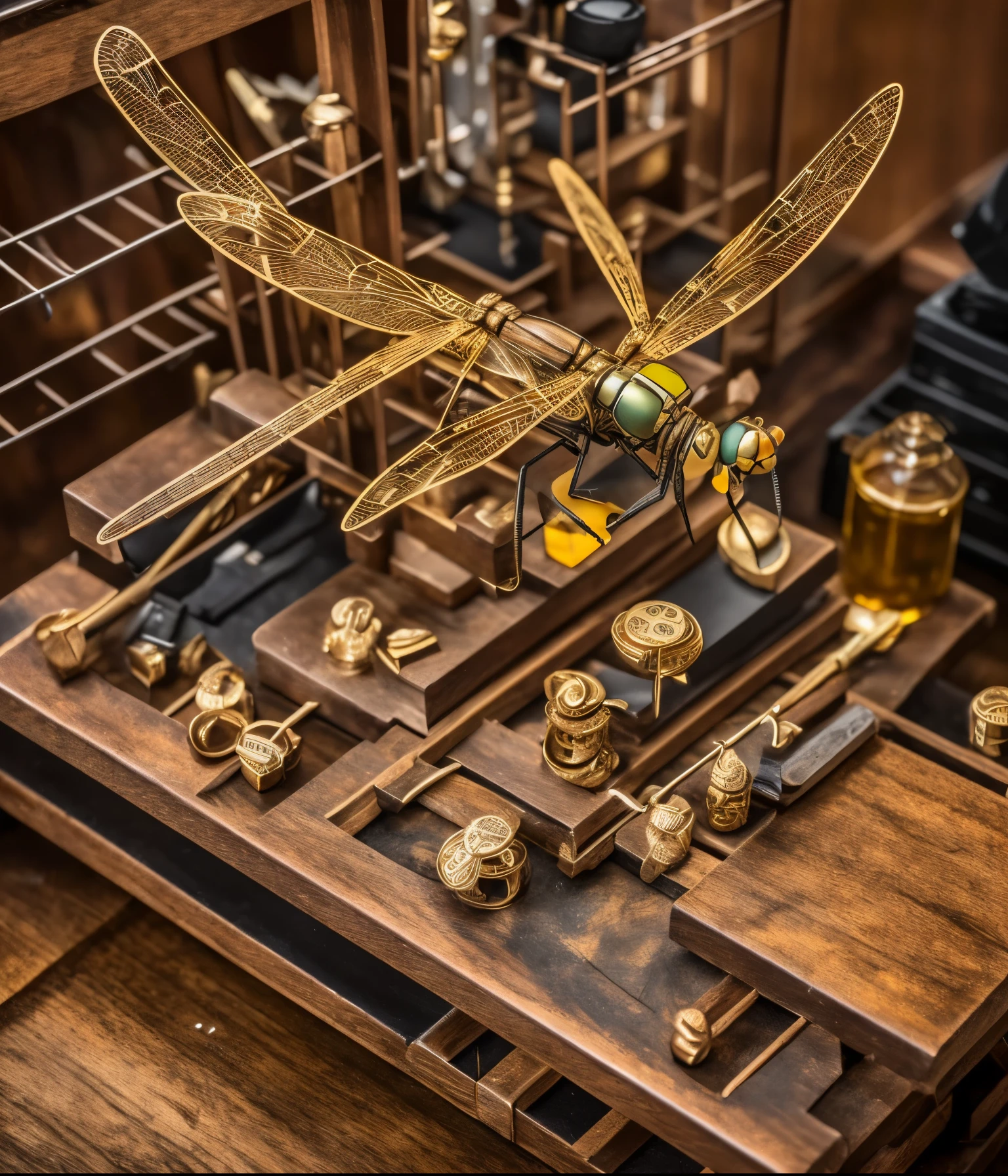 Golden steampunk style automaton dragonfly, sitting on a wooden work bench surrounded by tools, little hammers, springs, gears.  --auto --s2