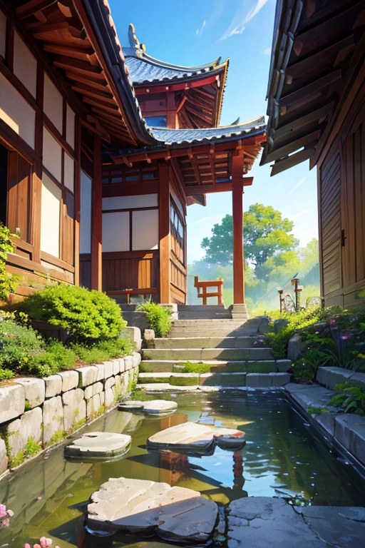 absurd, highres, ultra detailed, beautiful, masterpiece, best quality,Ancient temples, lush gardens, bright colors, quiet ponds, traditional architecture, cherry blossoms