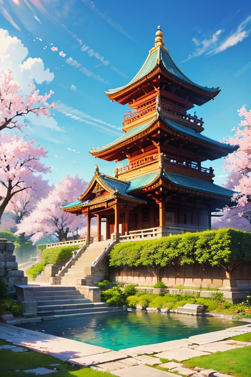 absurd, highres, ultra detailed, beautiful, masterpiece, best quality,Ancient temples, lush gardens, bright colors, quiet ponds, traditional architecture, cherry blossoms