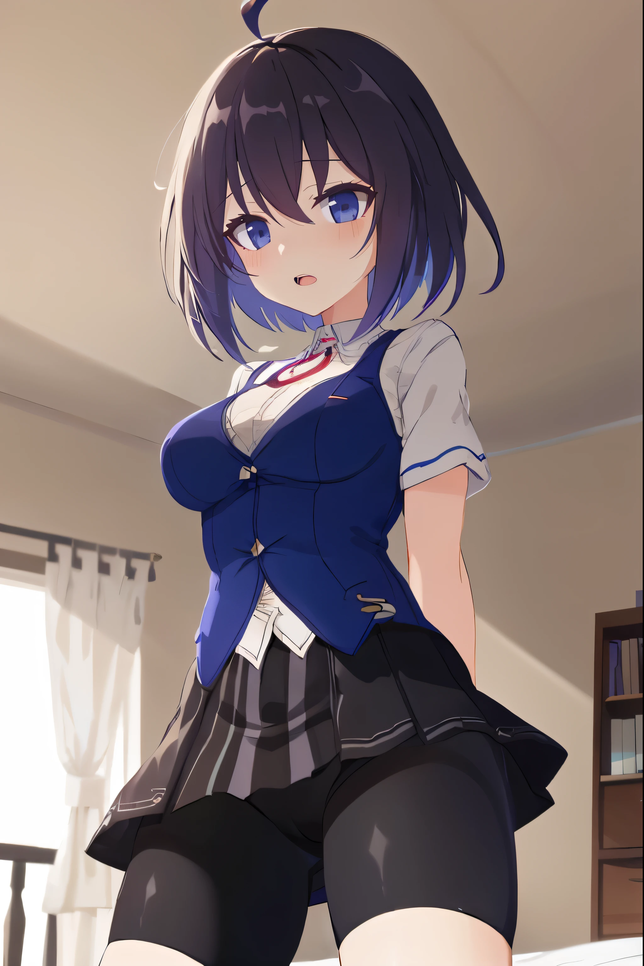 1 girl, best quality, ultra high res, ahoge, Seele Vollerei, looking at viewers, medium breast, standing, smile, open mouth, azure memories, short sleeves, Bike Shorts, bedroom, white bed sheets, pov, Skirt, Bike Shorts Under Skirt, Bike Shorts Detailed,