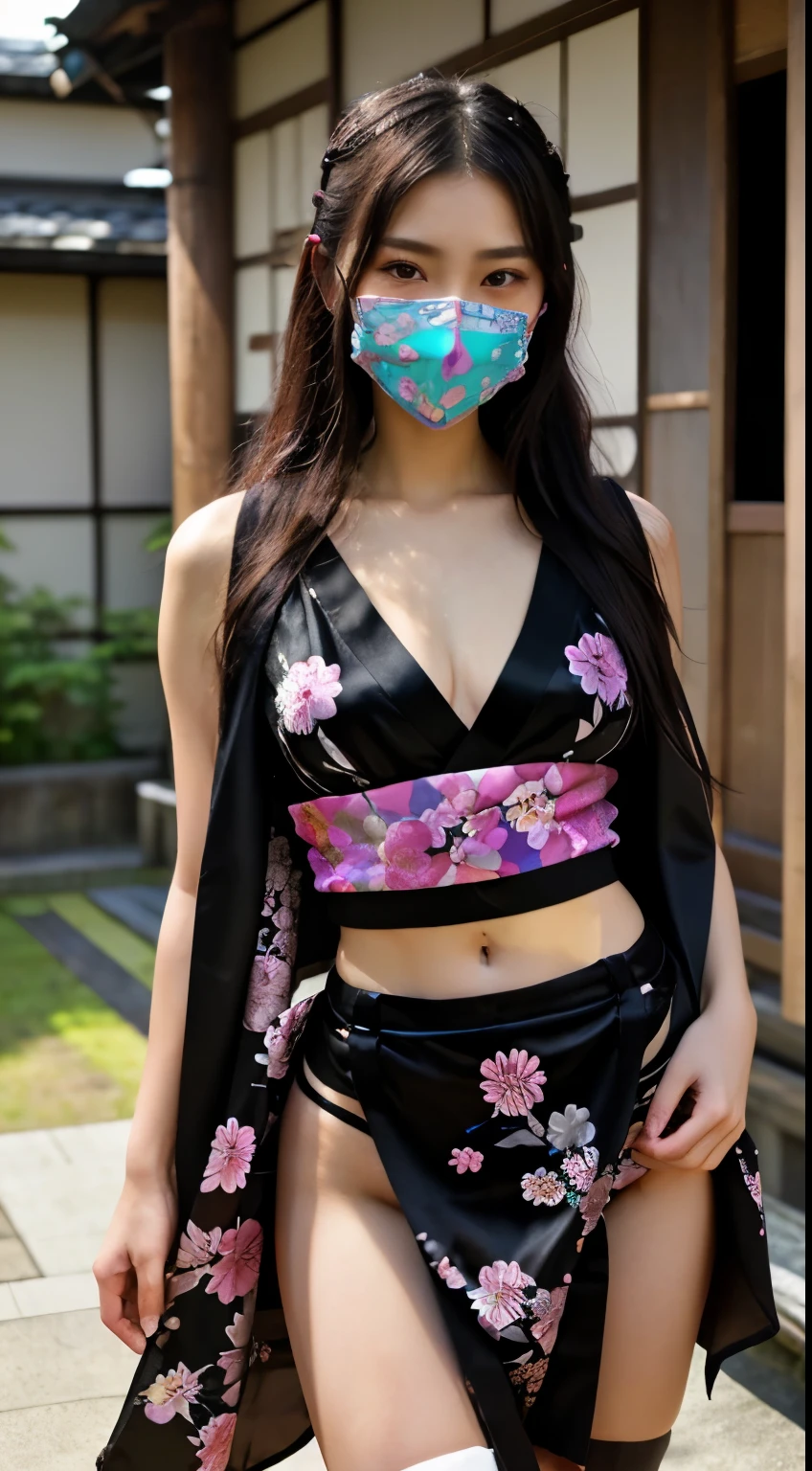 最high quality、high quality、best image quality、8K、最High resolution、High resolution、最high quality、masterpiece、RAW photo、realistic atmosphere、(detailed face)、(fine hands、thumb1reference4)、(beauty of japan )、very nice face、cute face、((beautiful japanese girl))、(japanese woman), ((18 year old beautiful girl))、(glossy black hair)、(straight long hair)、(ponytail)、whole body、slim style、(shiny skin)、(Fair skin, Glossy skin)、real human skin、realistic human body structure、perfect body, perfect face, perfect hands, perfect fingers, perfect lips, perfect eyes,perfect teeth、perfect background, perfect atmosphere, natural soft light、photon mapping、Ainu folk costume、japanese traditional、(kunoichi kimono)、In front of an old Japanese house、((transparent black color metallic(Floral pattern waist-length short kimono、Sleeveless kimono with floral pattern、String loincloth、mouth mask))、Dynamic pose with combat in mind