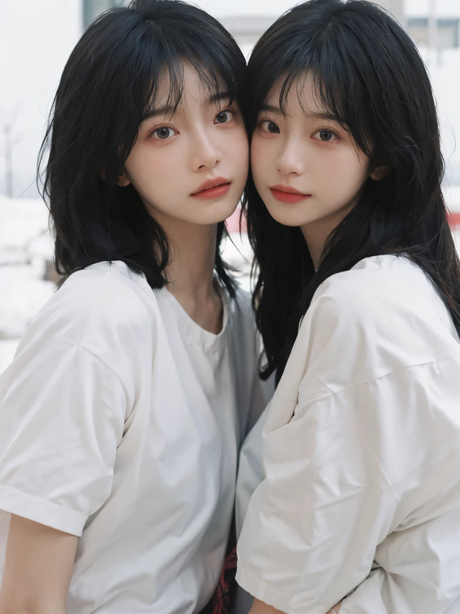 best quality, ultra high resolution, White background,(realistically:1.4), 2 girls, White short sleeves,Twins? Sakura Rain,A pair of eyes as clear as snow,Royal sister,looking at the audience, close up ,