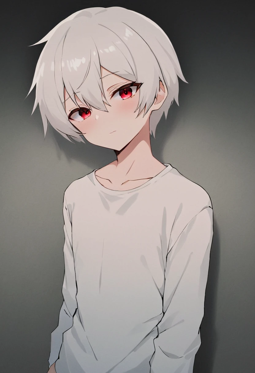 A boy with short white hair, red eyes, pale skin, handsome, attractive, wearing a white loose shirt. ((High quality of Anime)), ((Soft))