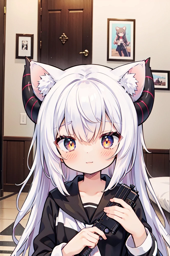 nime girl with horns and a gun in her hand, white cat girl, neferpitou, anime catgirl, mika kurai demon, demon anime girl, cute anime catgirl, beautiful anime catgirl, gapmoe yandere, nekomimi, attractive cat girl, white ( cat ) girl, very beautiful anime cat girl, cat girl, vampire white fox