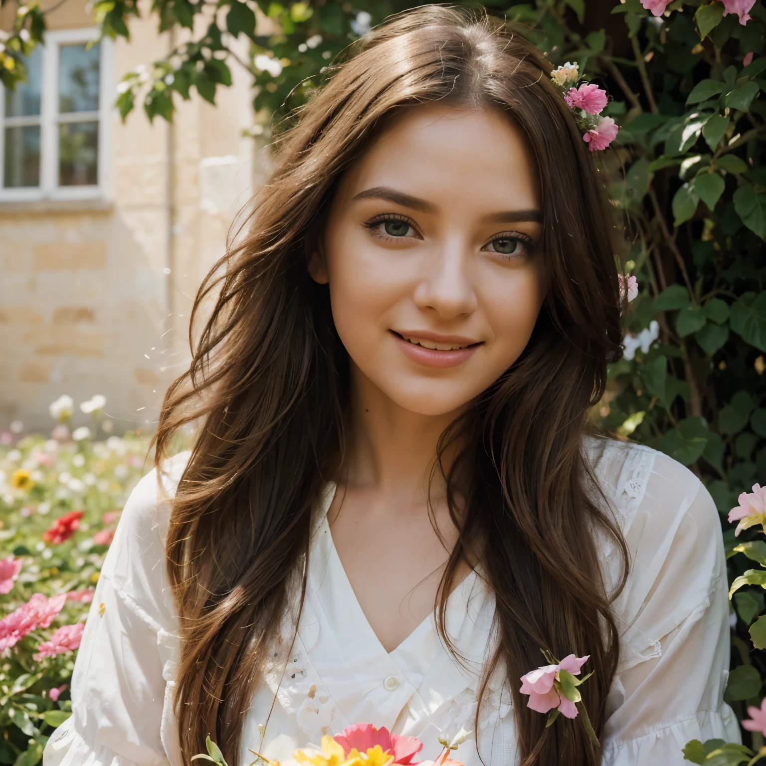 (bright, colorful) girl, (beautiful detailed eyes, beautiful detailed lips), (long flowing hair), (happy, joyful expression), (fashionably dressed), (surrounded by flowers), (sunny garden setting), (portrait style), (vibrant colors), (soft natural lighting), (high resolution:1.2), (realistic:1.37), (oil painting effect), (detailed brushstrokes), (playful and lively), (captivating and enchanting), (expressive and dynamic), (artistically composed), (with a touch of surrealism), (dreamlike atmosphere).