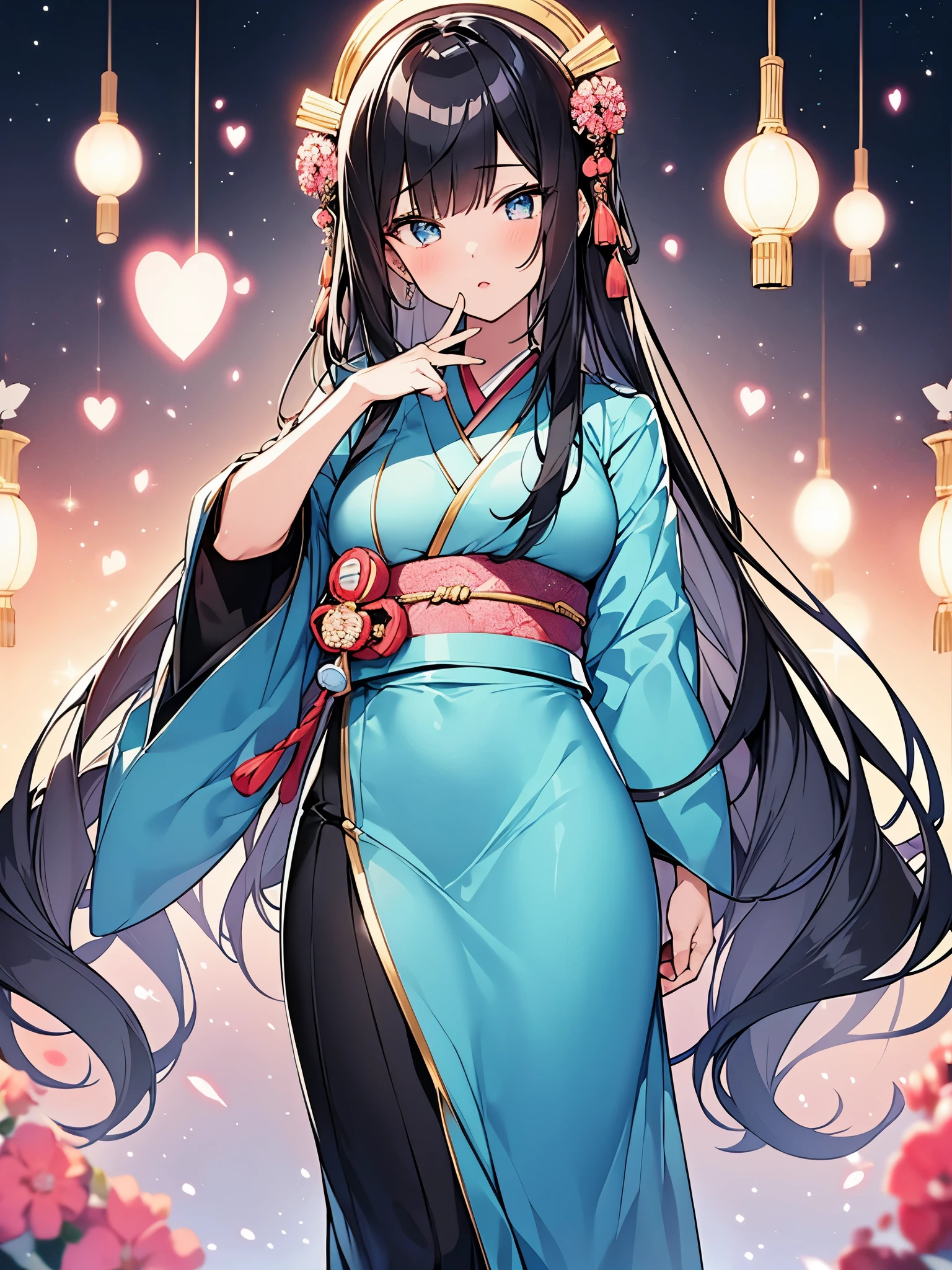 ((Japanese Anime Style)), Full Length, POV, ((Hand Heart)), 🫶, It's a very very pretty girl, a beauty of the world, somewhat innocent like an angel, very pretty makeup, nice dress, covered with sparkling light, lovely eyes with heart in them, clear skin, full and shiny lips, silky black hair