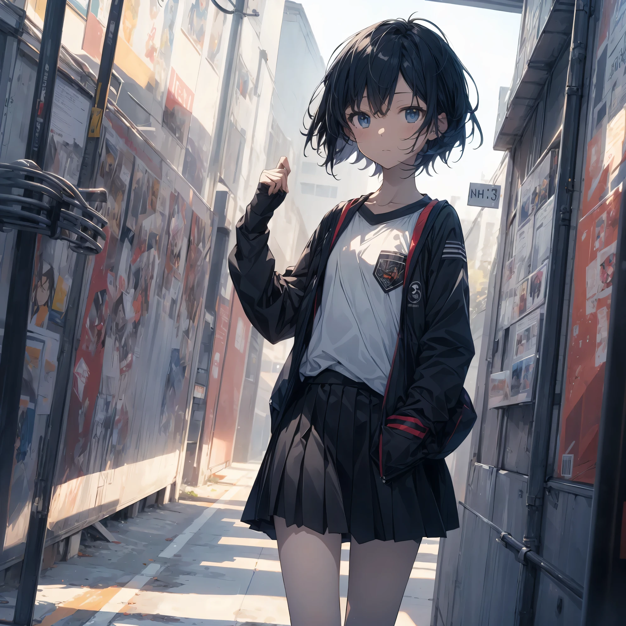 Super high quality by the art god, super detailed, High resolution, Shinkai Makoto style, anime moe art style, best anime 8K konachan wallpaper, pixiv contest winner, perfect anatomy, break,(眠そうにalone学校へ行く女の子を描いてください. ),break, surreal high school girl, (alone,change,child,13 years old:1.3),All limbs, full finger,Middle school students, androgynous charm, (very, very short hair), boyish hair, messy hair, flat and soft chest, small ass, between legs, small eyes,beautiful detailed black eyes, Well-proportioned iris and pupils, disgusted eyes, High resolutionの詳細な髪, school uniform, (skirt), On the way to school. break,super dense skin, Best lighting by famous artists, 8K, figure,
