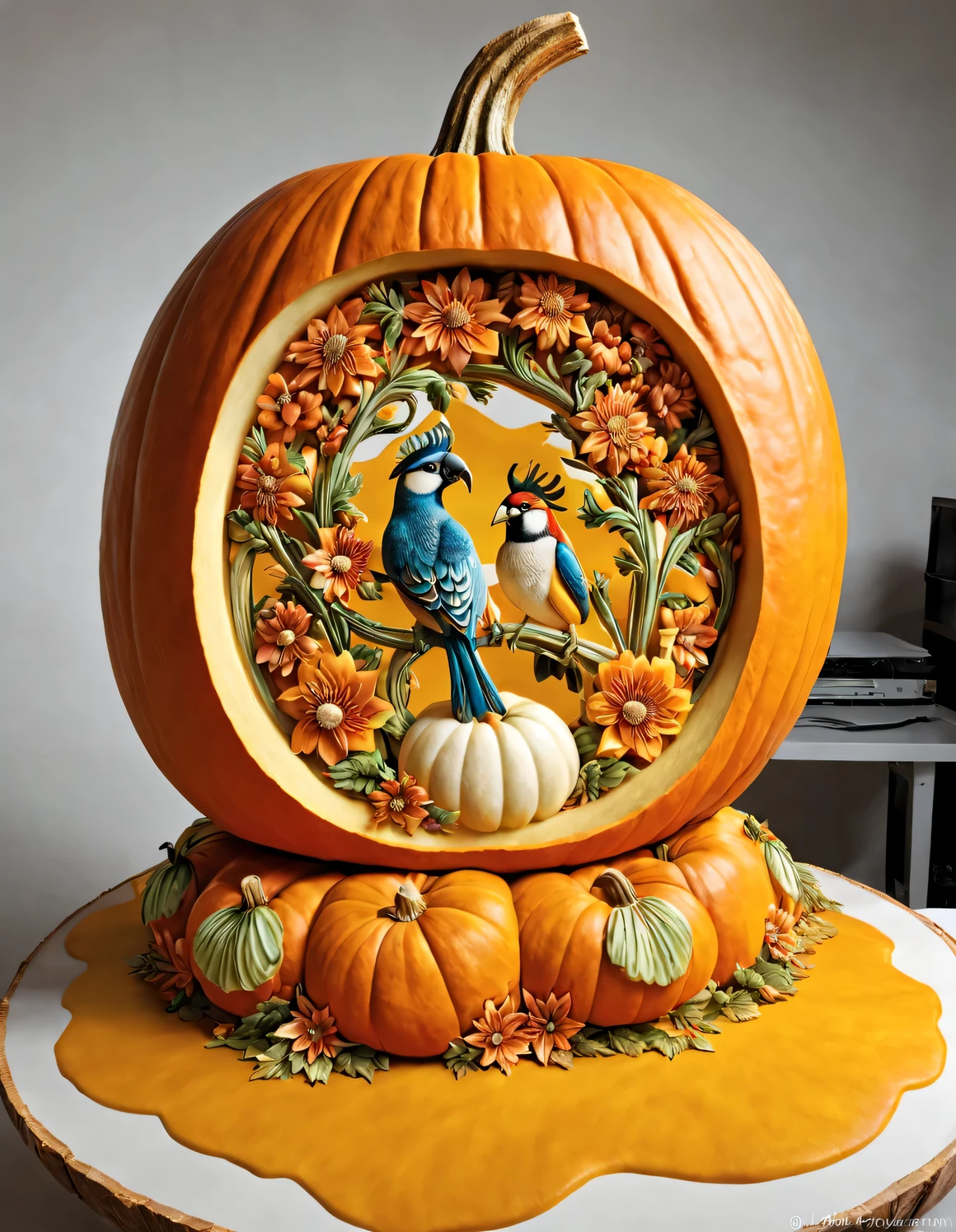 (Carving flowers and birds inside a large semolidified pumpkin: 1.1), Very fine details, 16k, console, Fruit carving, food engraving, 3D sculpting, food sculpture design, turn around, Python, depth of field, ultra high definition, masterpiece, accurate, Ultra-detailed, high detail, high quality, Award-winning, best quality, 16k, soft light,