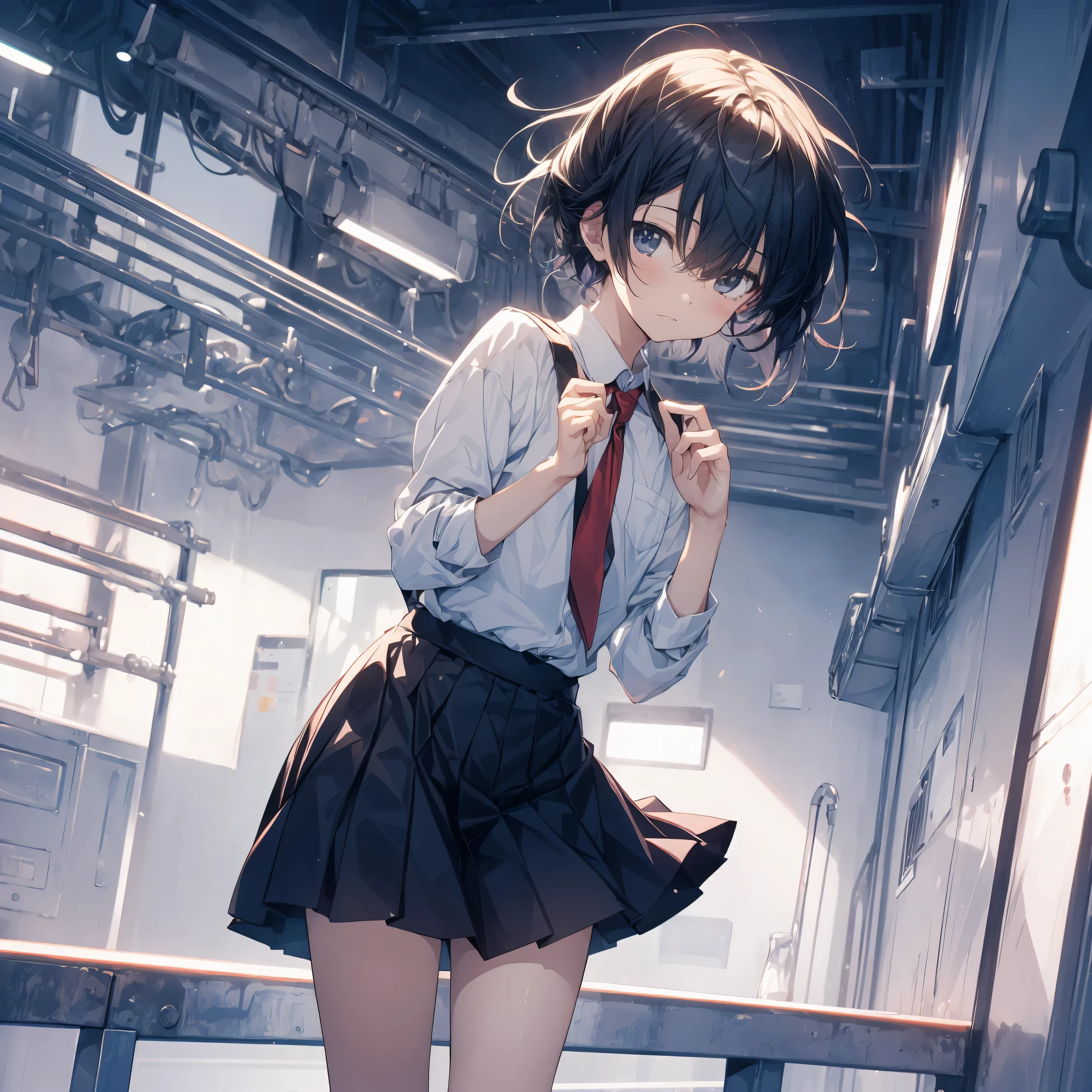 Super high quality by the art god, super detailed, High resolution, Shinkai Makoto style, anime moe art style, best anime 8K konachan wallpaper, pixiv contest winner, perfect anatomy, break,(眠そうにalone学校へ行く女の子を描いてください. ),break, surreal high school girl, (alone,change,child,:1.3),All limbs, full finger,Middle schoos charm, (very, very short hair), boyish hair, messy hair, flat and soft chest, small ass, between legs, small eyes,beautiful detailed black eyes, Well-proportioned iris and pupils, disgusted eyes, High resolutionの詳細な髪, school uniform, (skirt), On the way to school. break,super dense skin, Best lighting by famous artists, 8K, figure,