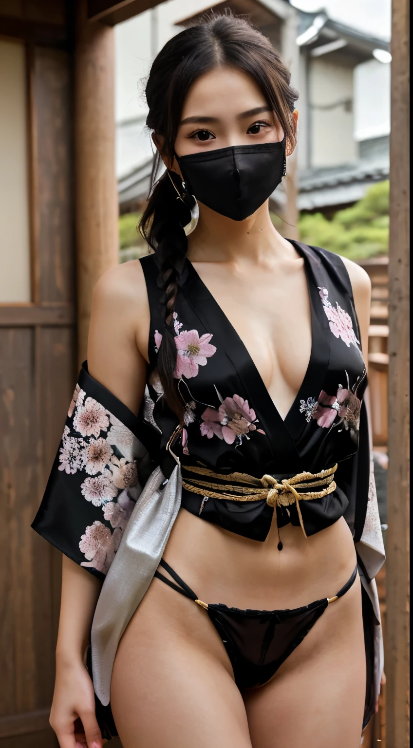 最high quality、high quality、best image quality、8K、最High resolution、High resolution、最high quality、masterpiece、RAW photo、realistic atmosphere、(detailed face)、(fine hands、thumb1reference4)、(beauty of japan )、very nice face、cute face、((beautiful japanese girl))、(japanese woman), ((18 year old beautiful girl))、(glossy black hair)、(straight long hair)、(ponytail)、whole body、slim style、(shiny skin)、(Fair skin, Glossy skin)、real human skin、realistic human body structure、perfect body, perfect face, perfect hands, perfect fingers, perfect lips, perfect eyes,perfect teeth、perfect background, perfect atmosphere, natural soft light、photon mapping、Ainu folk costume、japanese traditional、(kunoichi kimono)、In front of an old Japanese house、((transparent black color metallic(Floral pattern waist-length short kimono、Sleeveless kimono with floral pattern、String loincloth、mouth mask))、Dynamic pose with combat in mind