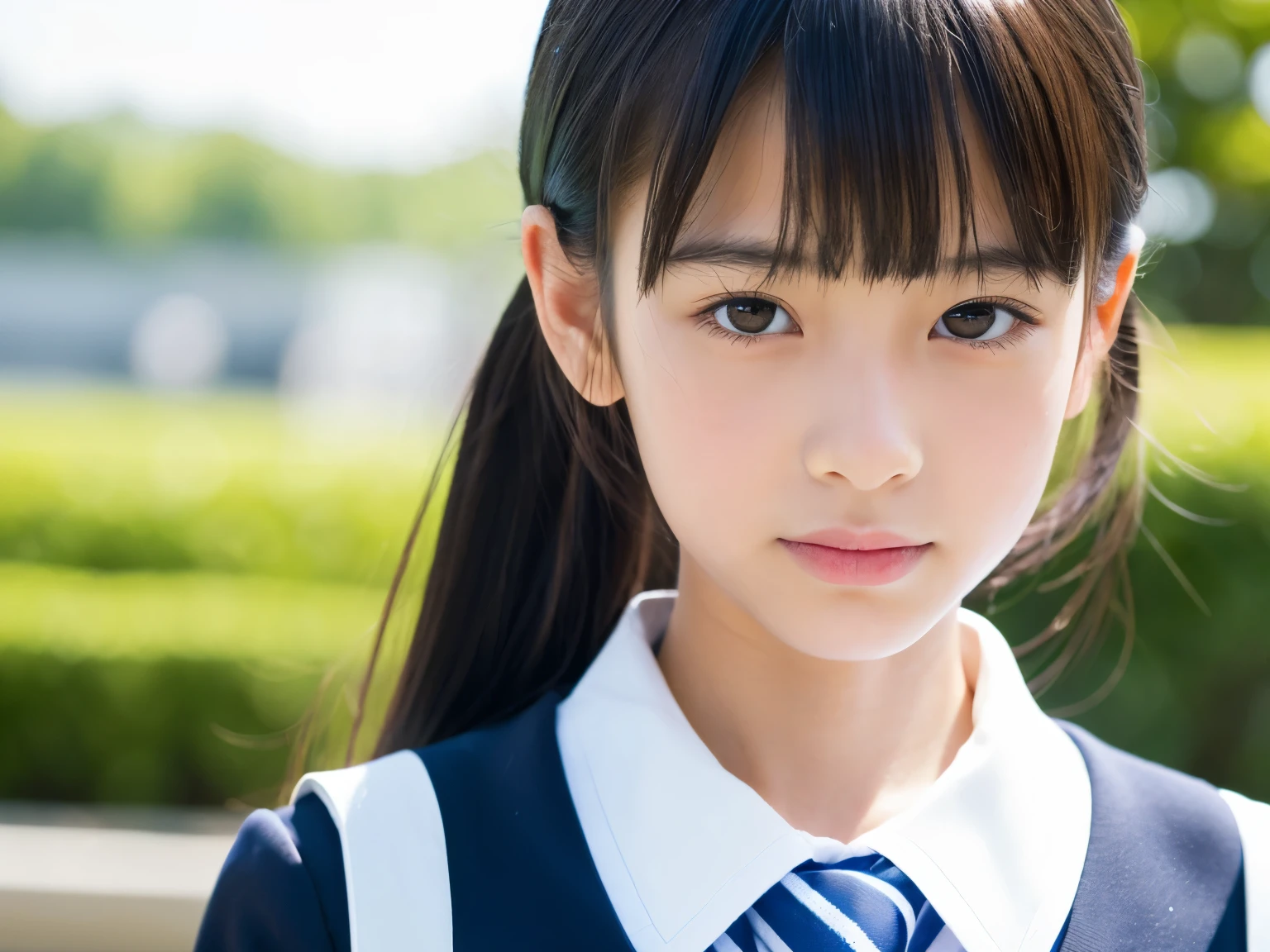 1 girl, alone, japanese girl, , (highest quality, realistic, High resolution, 8K, super detailed, detailed face, shiny skin), japanese school uniform, collared shirt, white shirt, ribbon tie, black hair, choppy bangs, ponytail,