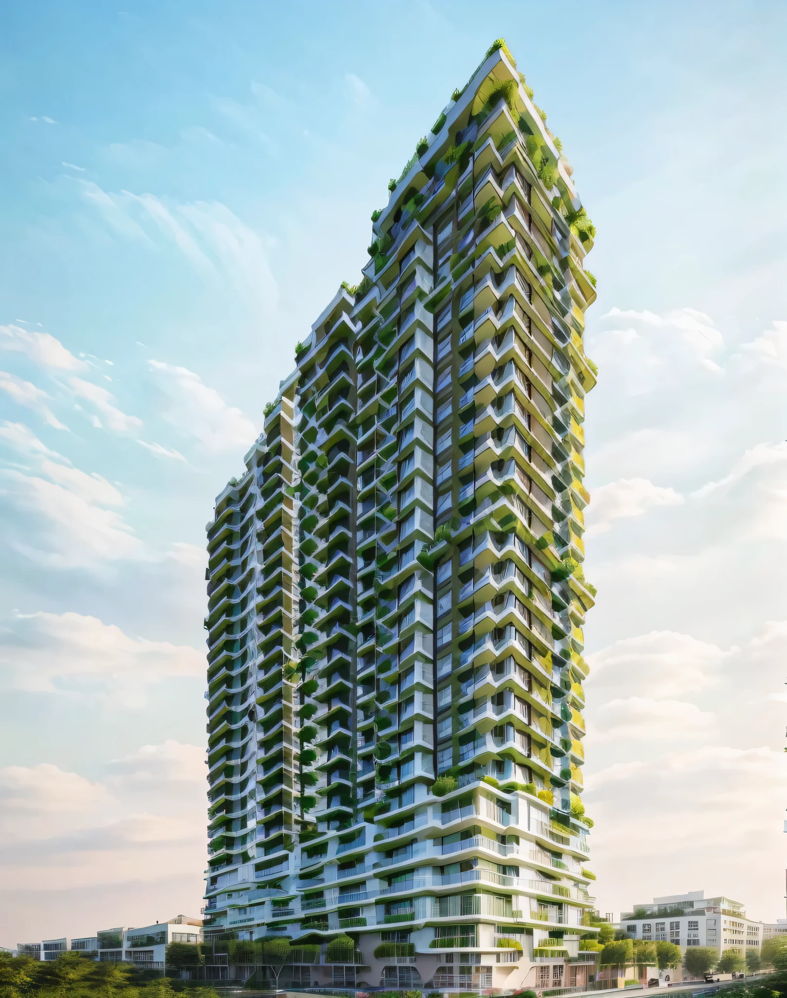 a rendering of a tall building with plants growing on the top, tree on balcony, vincent callebaut, vincent callebaut composition, residential, skyscraper forest community, sustainable architecture, full building, skyscrapers with greenery, taller than a skyscraper, the flower tower, cascading highrise, mantra rendering, vertical architecture, green architecture, perspective view, white wall, balcony , lora: building(39)