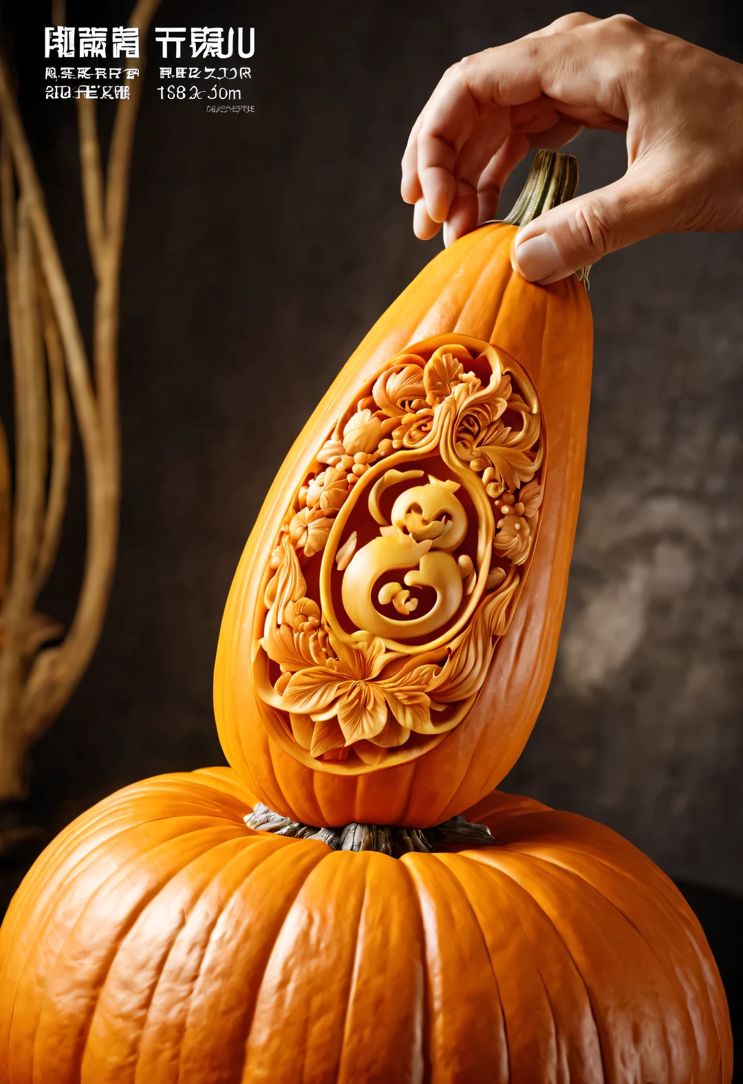 Engraved seal on large pumpkin stem "pedant: 1.1", The thick and hard pumpkin stems have very, Very fine details, and background happy atmosphere relief, Fruit carving, food engraving, 3D sculpting, food sculpture design, turn around, Python, depth of field, ultra high definition, masterpiece, accurate, Ultra-detailed, high detail, high quality, Award-winning, best quality, 16k, soft light,