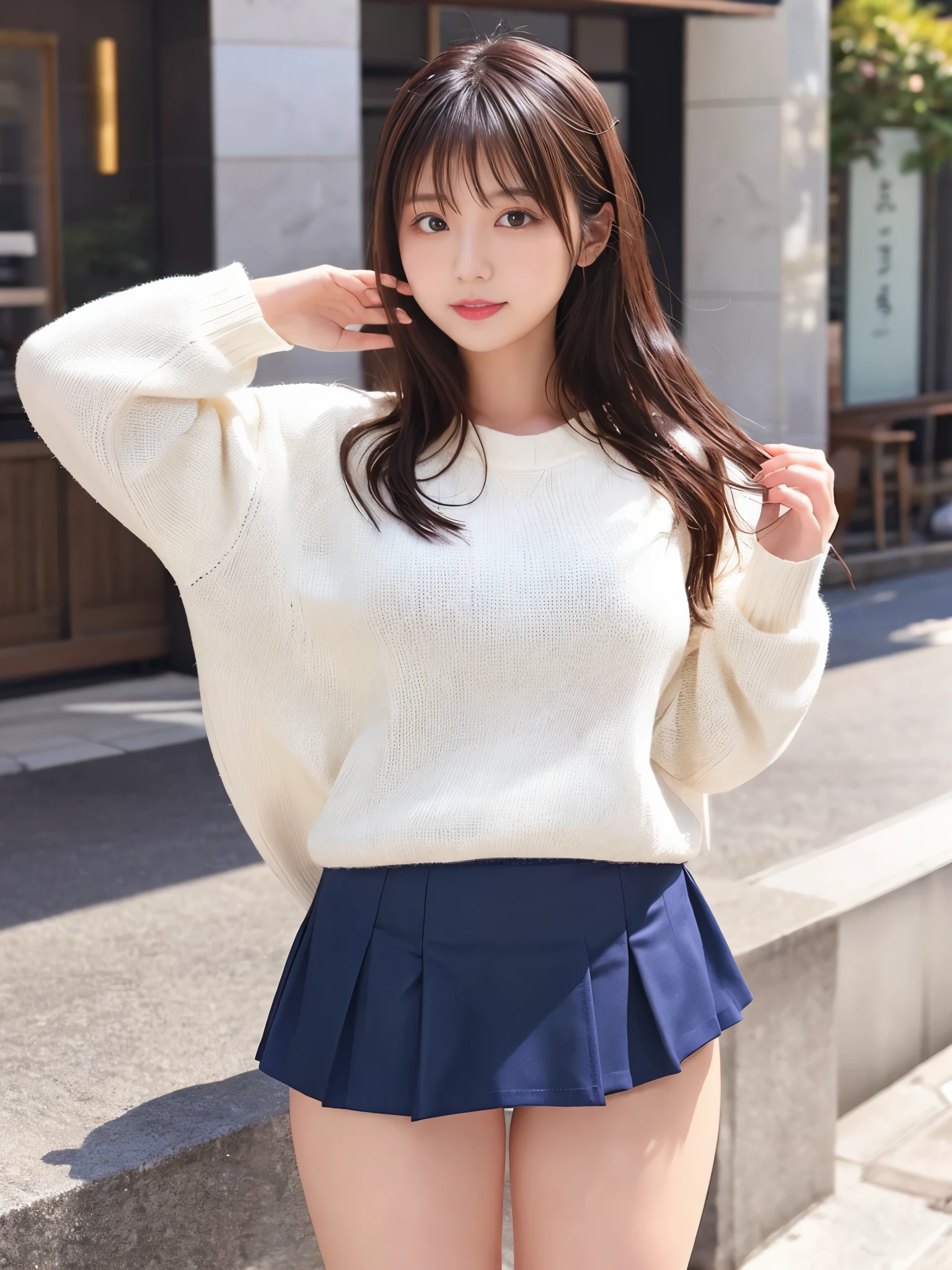 japanese girl、girl in her 20s、perfect body shape、Transparency、big breasts、white sweater、navy blue skirt、Gravure idol pose、sensual look、shiny thighs