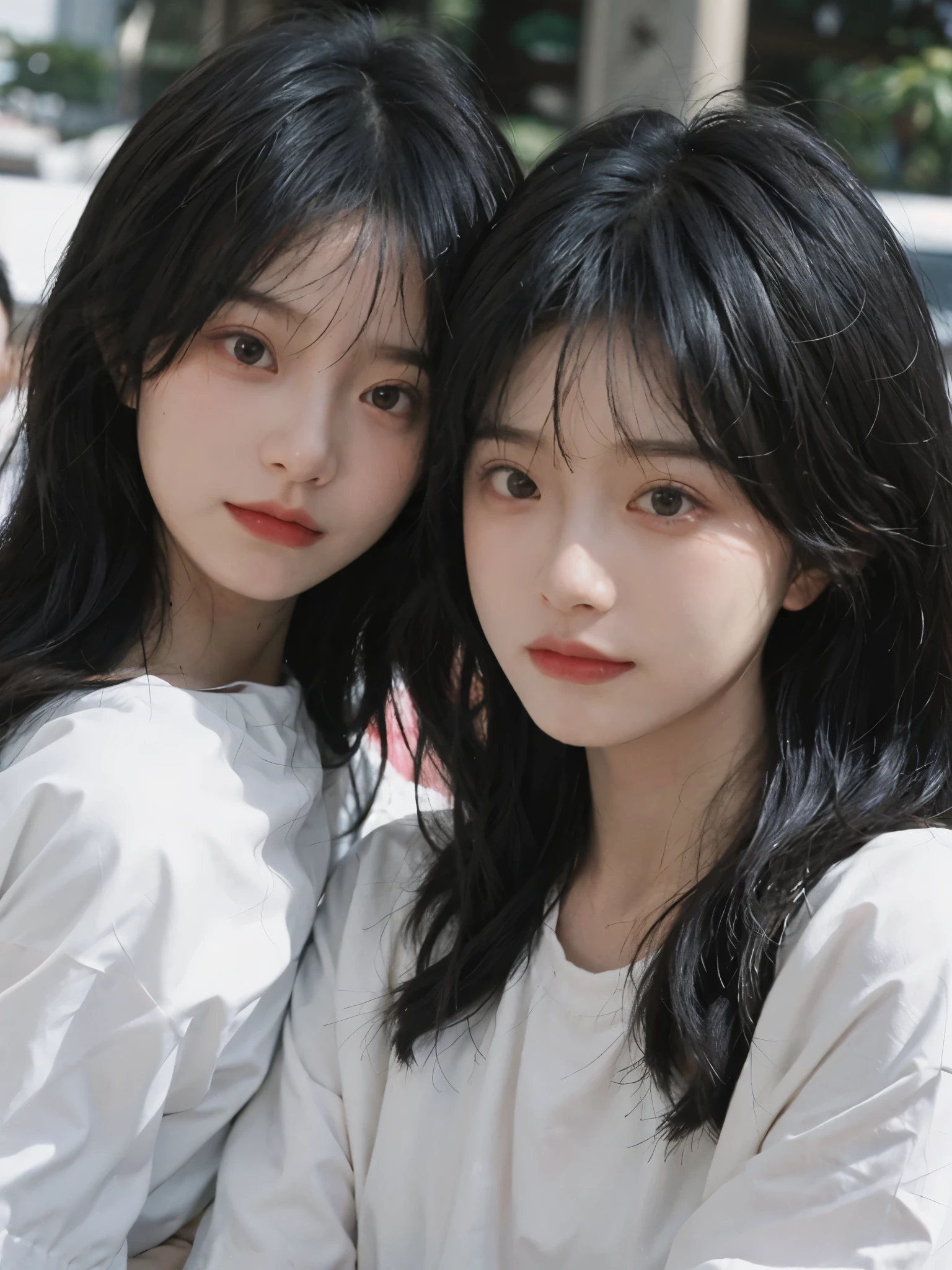 best quality， ultra high resolution， White background，（realistically：1.4）， 2 girls， White short sleeves，Twins? Sakura Rain，A pair of eyes as clear as snow,Royal sister，looking at the audience， close up ，
