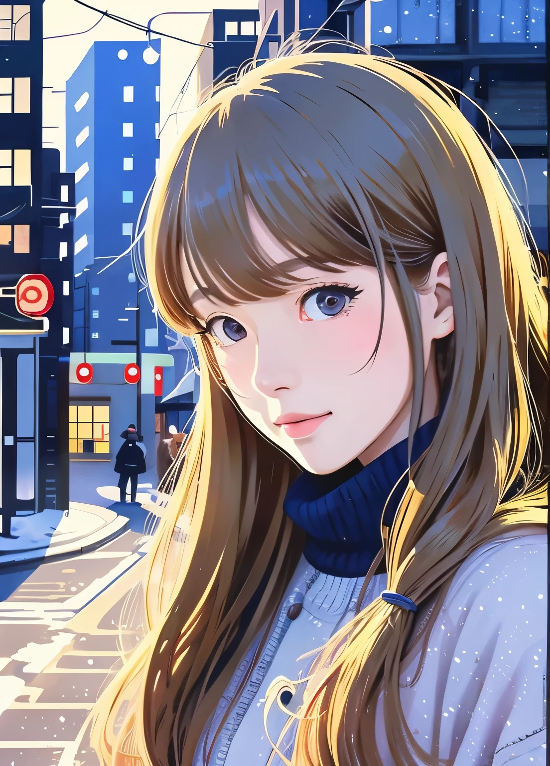 illustration style、Showa anime、ukiyo-e、((girl))、Tokyo、soft touch、((modern))、winter、High resolution