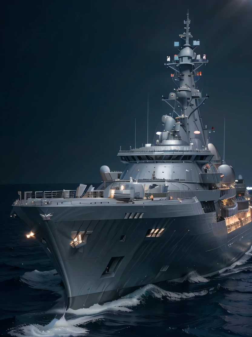 ((masterpiece、highest quality、genuine、Super detailed、High resolution、photogenuineistic、sharp focus、genuineistic photo、Live shooting、cinematic lighting))、modern style warship、Metallic gray color with blue details、genuineistic sea surface、perfect composition