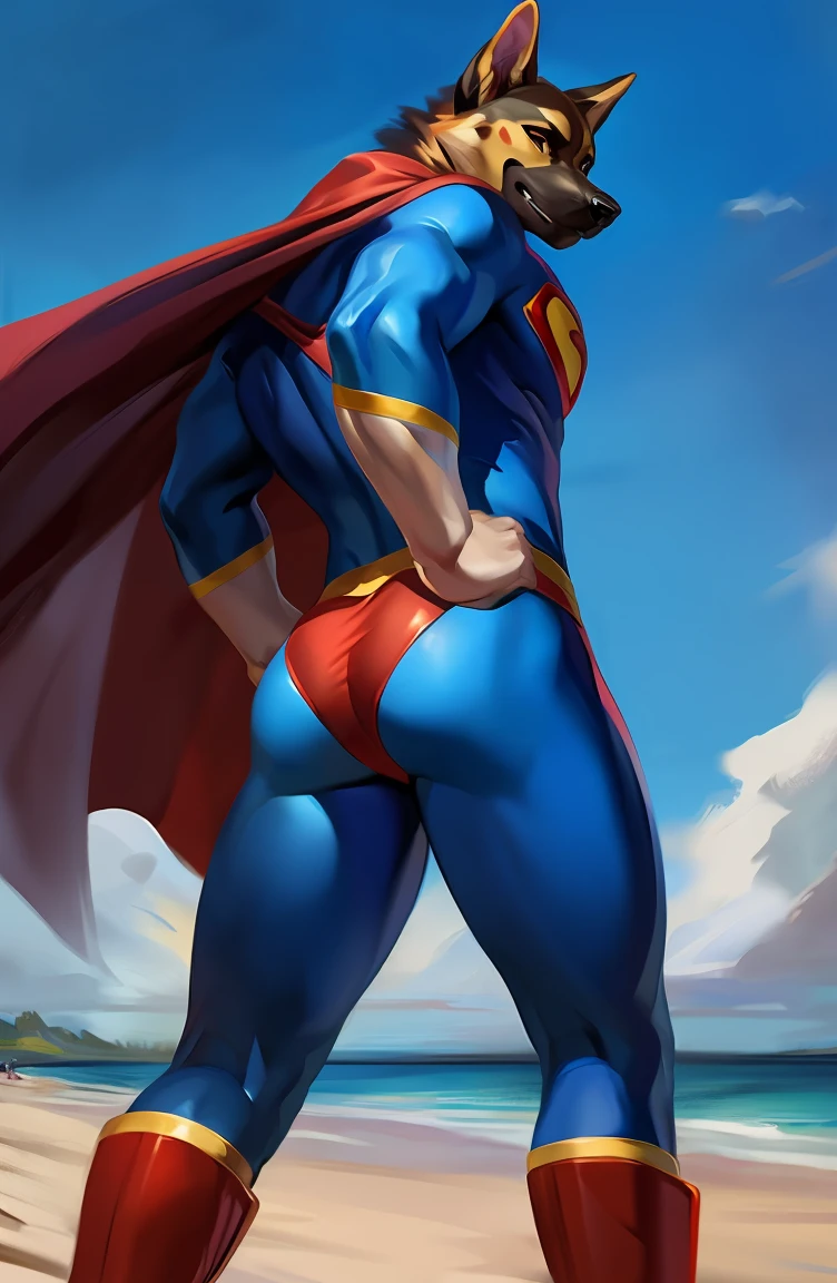 solo, german shepherd, wearing blue bodysuit superhero Superman spandex costume, face, holding a condom on his mouth, red speedo, red boots, red long cape, presenting his butt to viewer, at a beach, by chunie