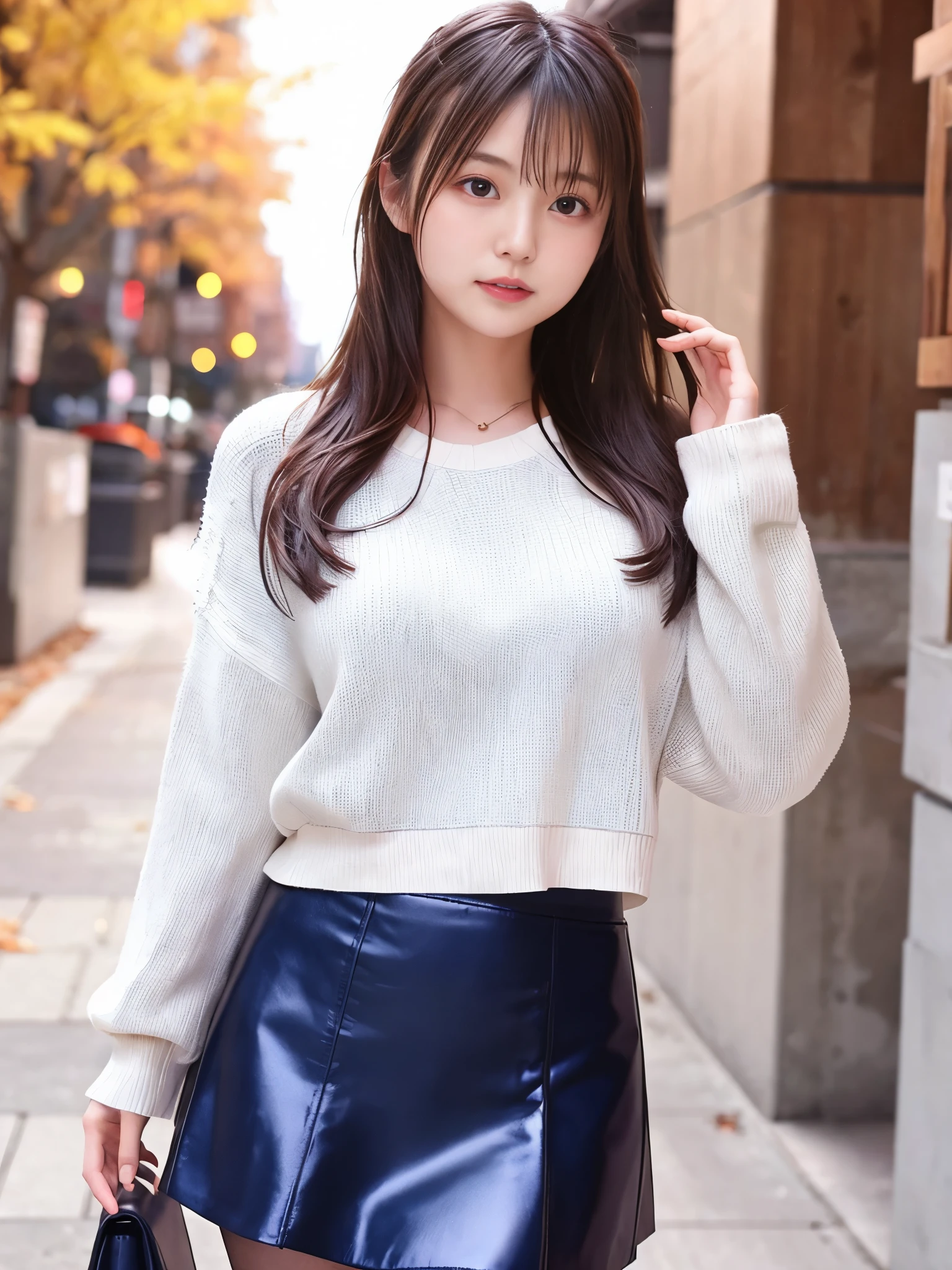 japanese girl、girl in her 20s、perfect body shape、Transparency、big breasts、white sweater、navy blue skirt、Gravure idol pose、sensual look、shiny thighs